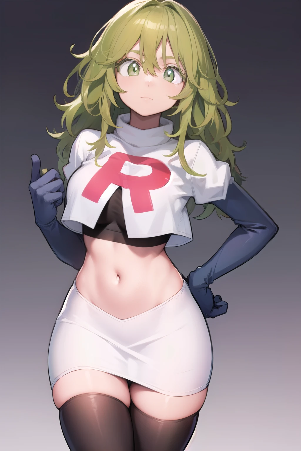 tooruhagakure, tooru hagakure, (green eyes:1.5), green hair, messy hair, multicolored hair, thick eyelashes, two-tone hair,
BREAK team rocket,team rocket uniform, red letter R, white skirt,white crop top,black thigh-highs,black elbow gloves
BREAK looking at viewer,
BREAK (masterpiece:1.2), best quality, high resolution, unity 8k wallpaper, (illustration:0.8), (beautiful detailed eyes:1.6), extremely detailed face, perfect lighting, extremely detailed CG, (perfect hands, perfect anatomy),