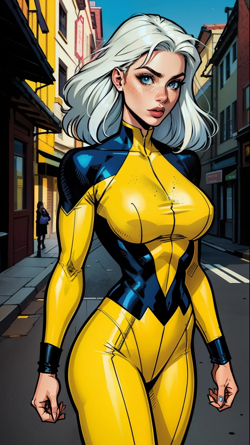 A woman, white hair, hair with bangs, 90's x-men uniform, outside, Marvel art style, comic, blue eyes, some freckles, dark yellow spandex