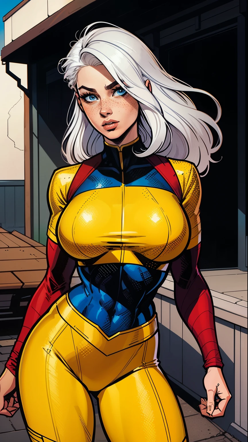 A woman, white hair, hair with bangs, 90's x-men uniform, outside, Marvel art style, comic, blue eyes, some freckles, dark yellow spandex