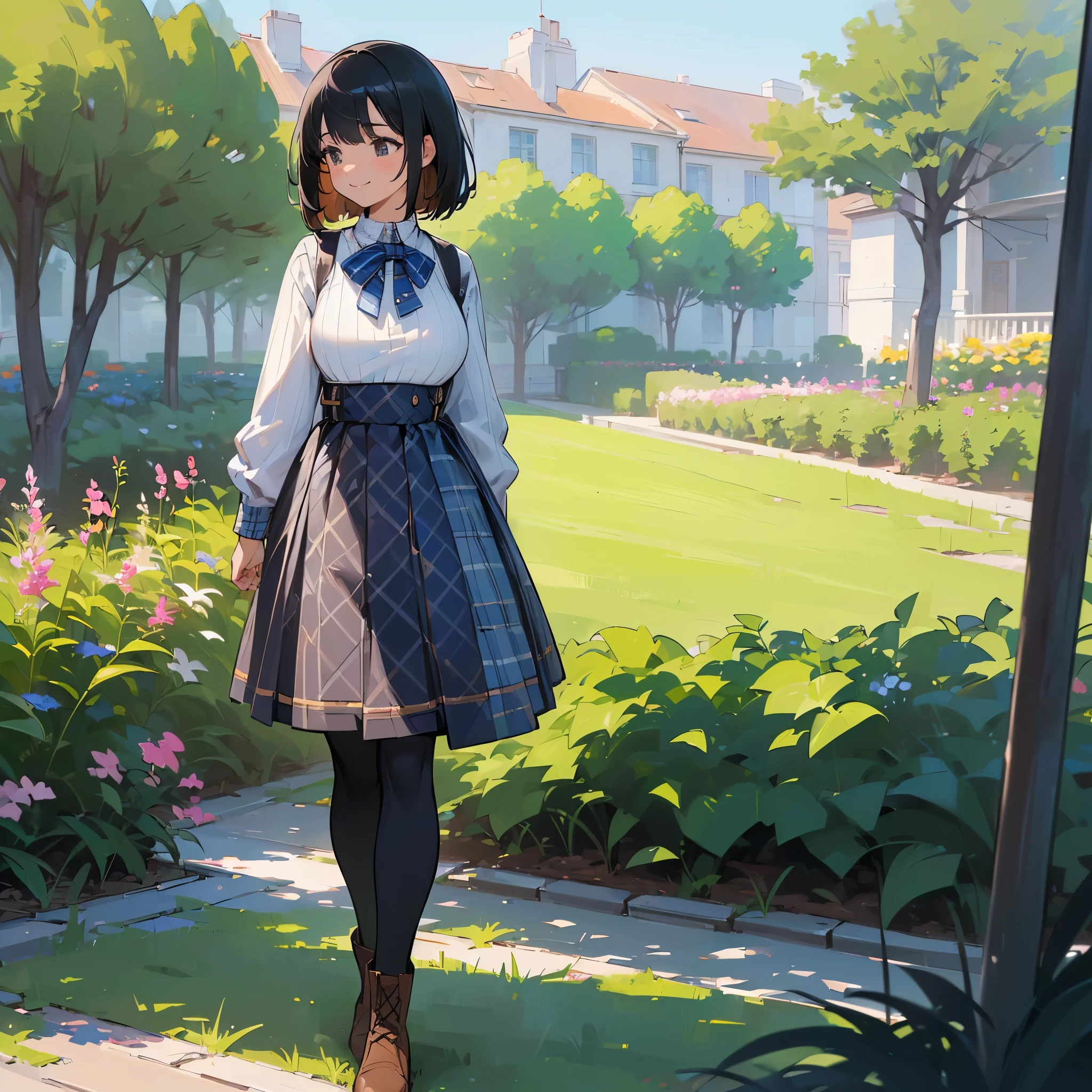 (high quality, High resolution, Super detailed, reality:1.37), peaceful atmosphere, (outdoors, garden),  girl standing alone, (my breasts are big.), Beautiful detail features, cute smile, (black bob hair), ribbed sweater, blue plaid skirt, black tights, brown boots.