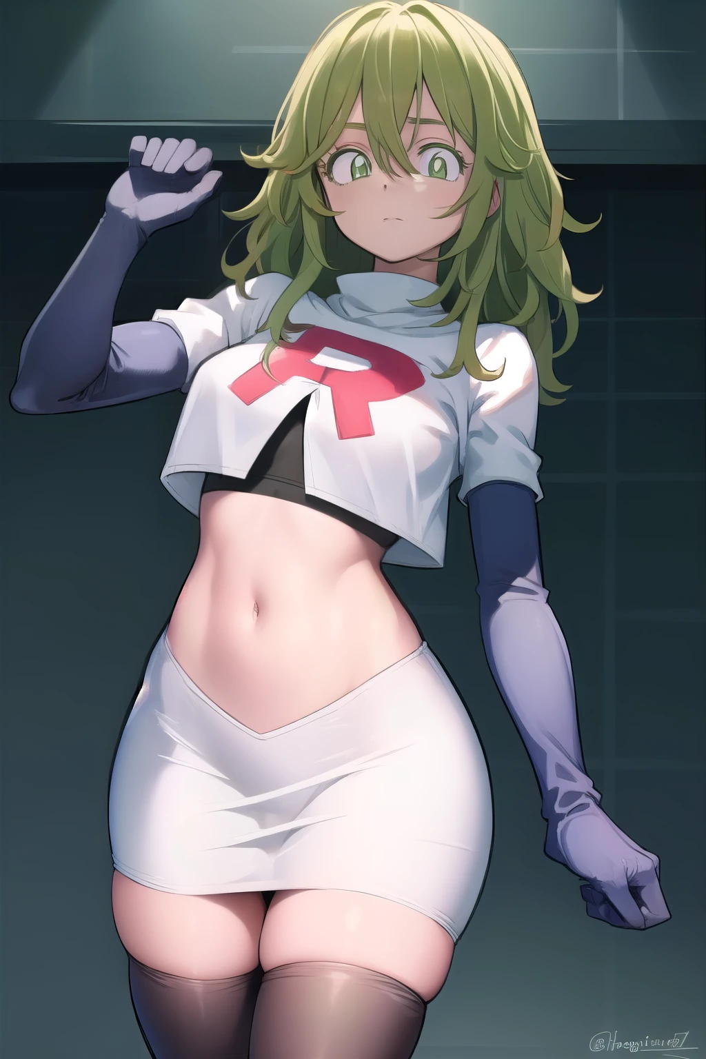 tooruhagakure, tooru hagakure, (green eyes:1.5), green hair, messy hair, multicolored hair, thick eyelashes, two-tone hair,
BREAK team rocket,team rocket uniform, red letter R, white skirt,white crop top,black thigh-highs,black elbow gloves
BREAK looking at viewer,
BREAK (masterpiece:1.2), best quality, high resolution, unity 8k wallpaper, (illustration:0.8), (beautiful detailed eyes:1.6), extremely detailed face, perfect lighting, extremely detailed CG, (perfect hands, perfect anatomy),