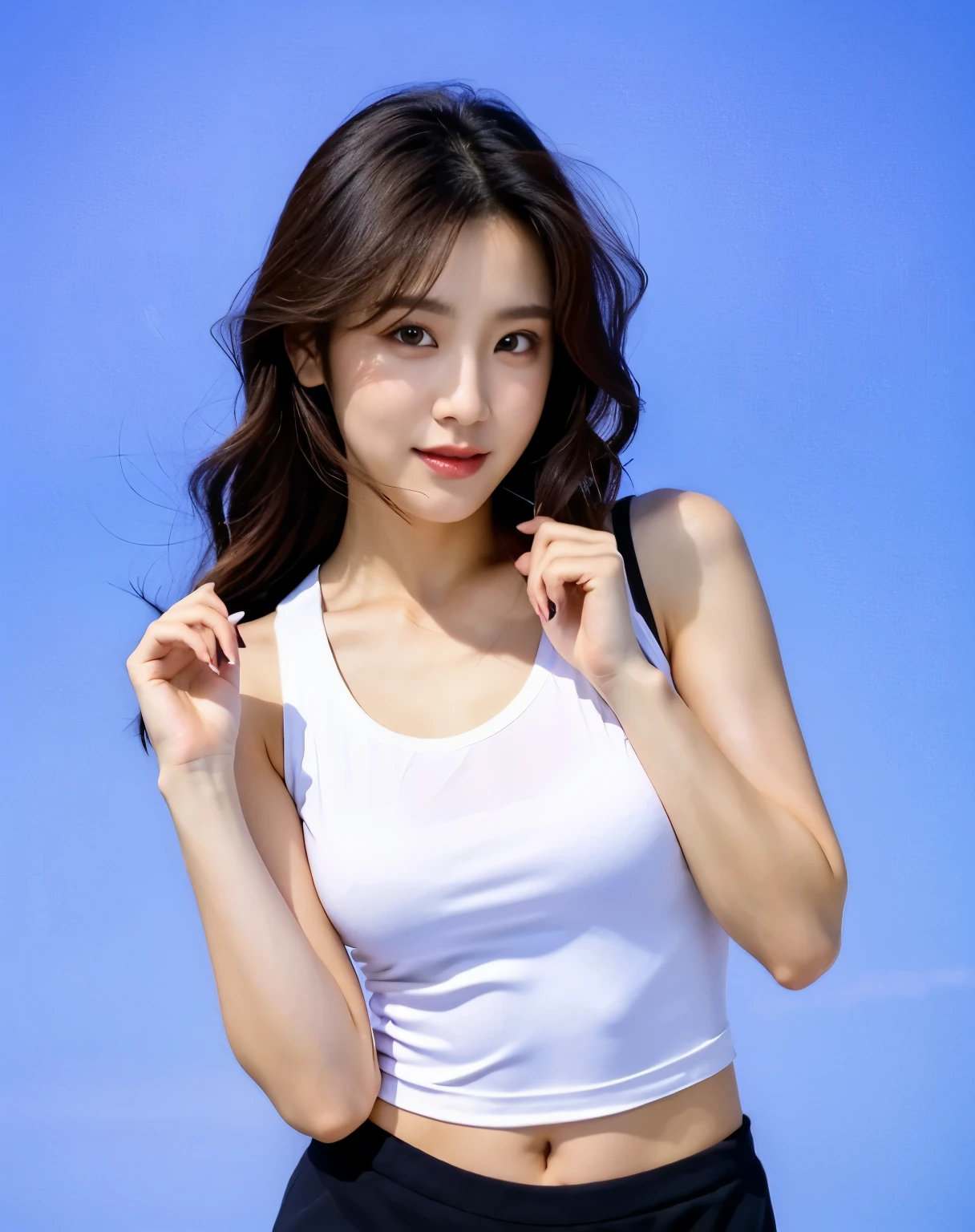 there is a woman posing in a white tank top and black shorts, korean girl, 2 7 years old, wearing tanktop, 2 4 year old female model, sakimichan, 2 8 years old, wearing white camisole, 2 9 years old, asian girl, wearing a low cut tanktop, 2 2 years old