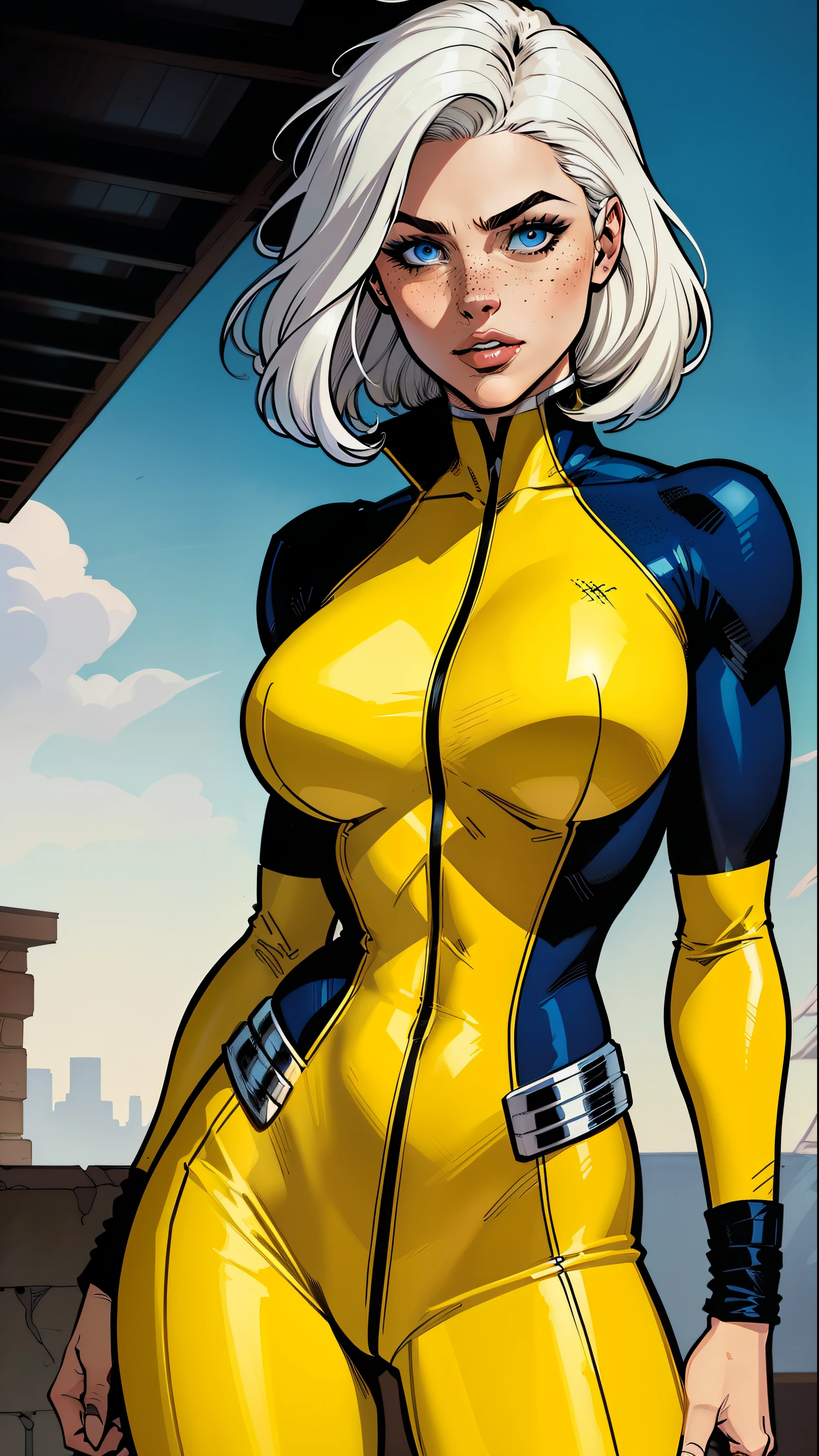 A woman, white hair, hair with bangs, 90's x-men uniform, outside, Marvel art style, comic, blue eyes, some freckles, dark yellow spandex