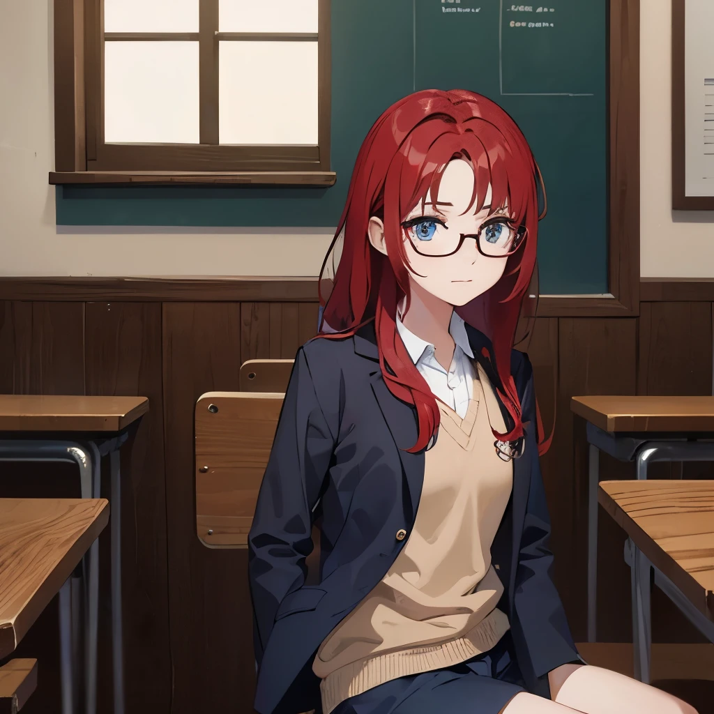 una profesora de cabello rojo y gafascon saco azul oscuro, parada en frente de un salon de clases y estudiantes sentados en sus sillas.