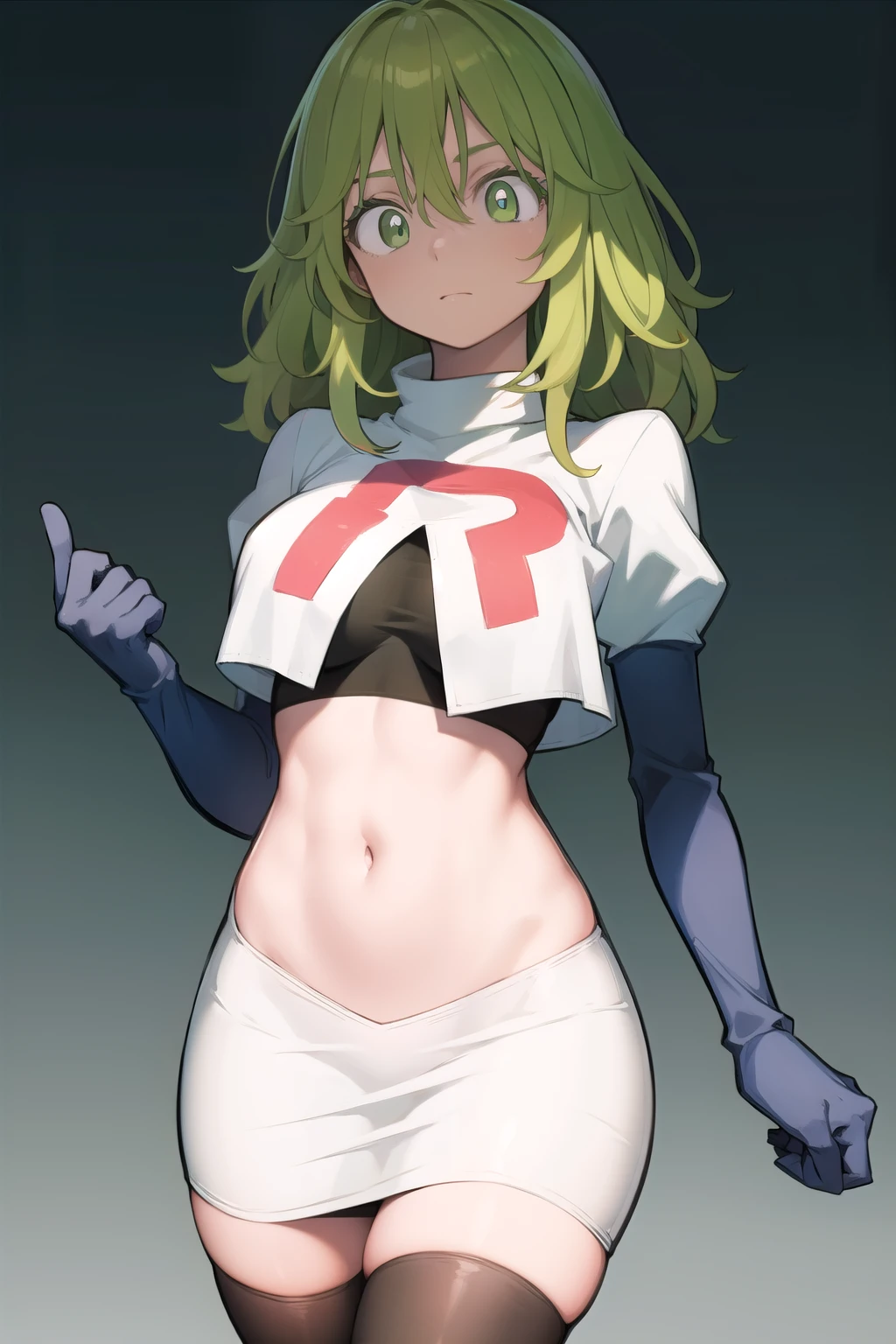 tooruhagakure, tooru hagakure, (green eyes:1.5), green hair, messy hair, multicolored hair, thick eyelashes, two-tone hair,
BREAK team rocket,team rocket uniform, red letter R, white skirt,white crop top,black thigh-highs,black elbow gloves
BREAK looking at viewer,
BREAK (masterpiece:1.2), best quality, high resolution, unity 8k wallpaper, (illustration:0.8), (beautiful detailed eyes:1.6), extremely detailed face, perfect lighting, extremely detailed CG, (perfect hands, perfect anatomy),