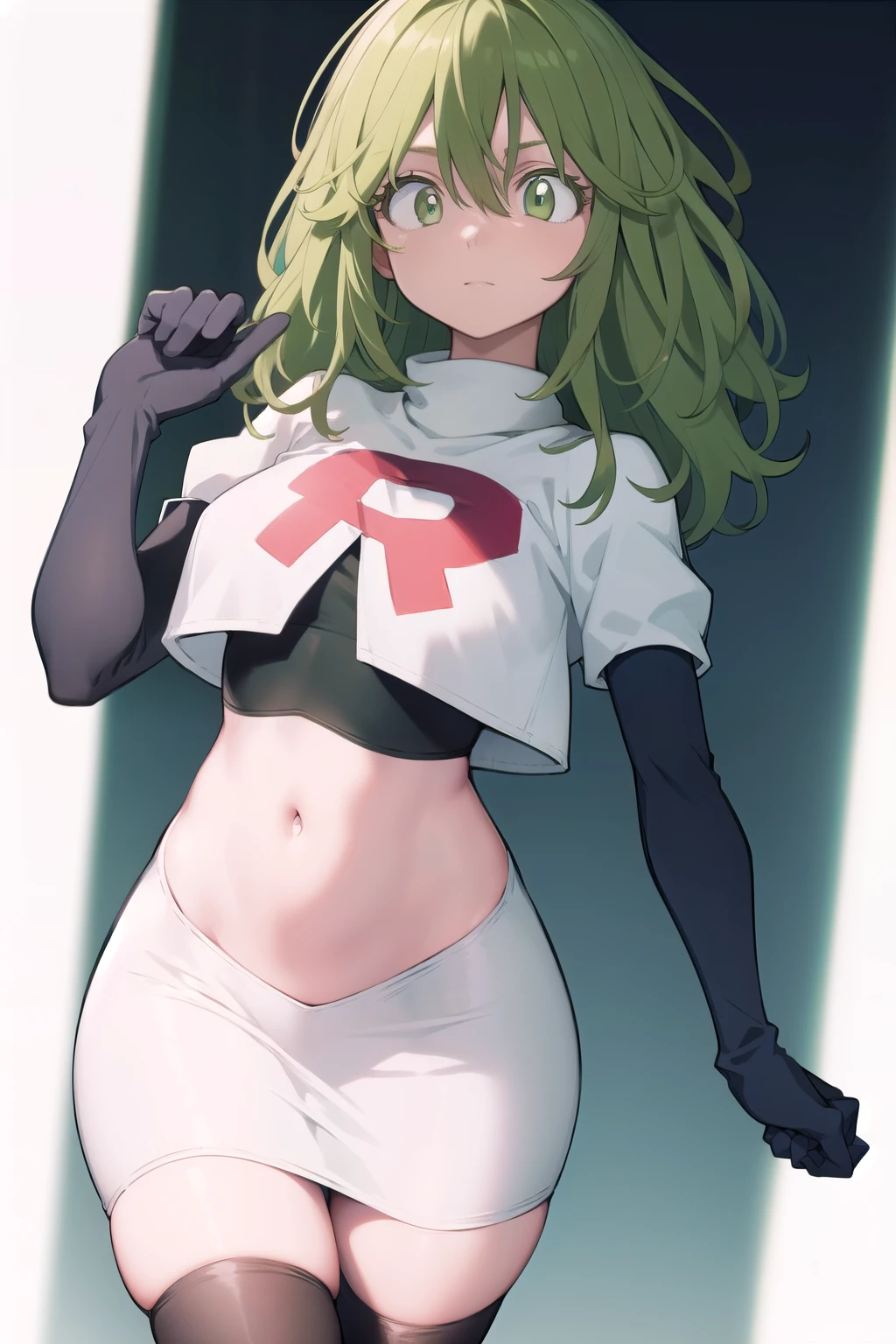 tooruhagakure, tooru hagakure, (green eyes:1.5), green hair, messy hair, multicolored hair, thick eyelashes, two-tone hair,
BREAK team rocket,team rocket uniform, red letter R, white skirt,white crop top,black thigh-highs,black elbow gloves
BREAK looking at viewer,
BREAK (masterpiece:1.2), best quality, high resolution, unity 8k wallpaper, (illustration:0.8), (beautiful detailed eyes:1.6), extremely detailed face, perfect lighting, extremely detailed CG, (perfect hands, perfect anatomy),