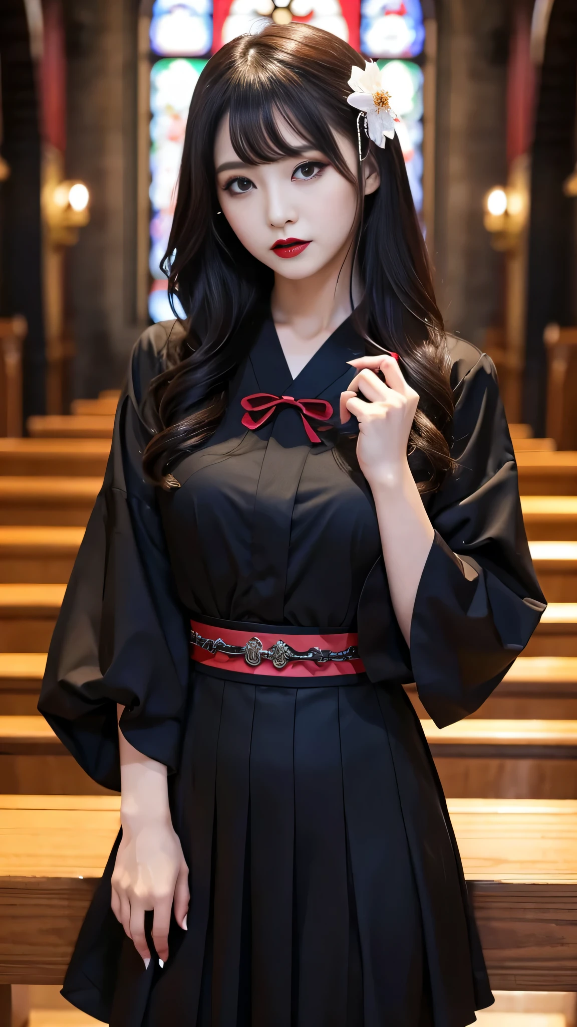 Super detailed、Japanese、charming beauty、seductive adult woman、Beautiful woman、sharp eyes、cool girl、wavy hair、shrine maiden costume、black skirt、wide sleeve、evilの幹部、evil depravity、brainwashing、Mind control、lipstick、grin、evilな表情、evil、empty eyes、evil、church at night、vampire、vampire、Hypnosis、brainwashinging、Contrasting、makeup brush