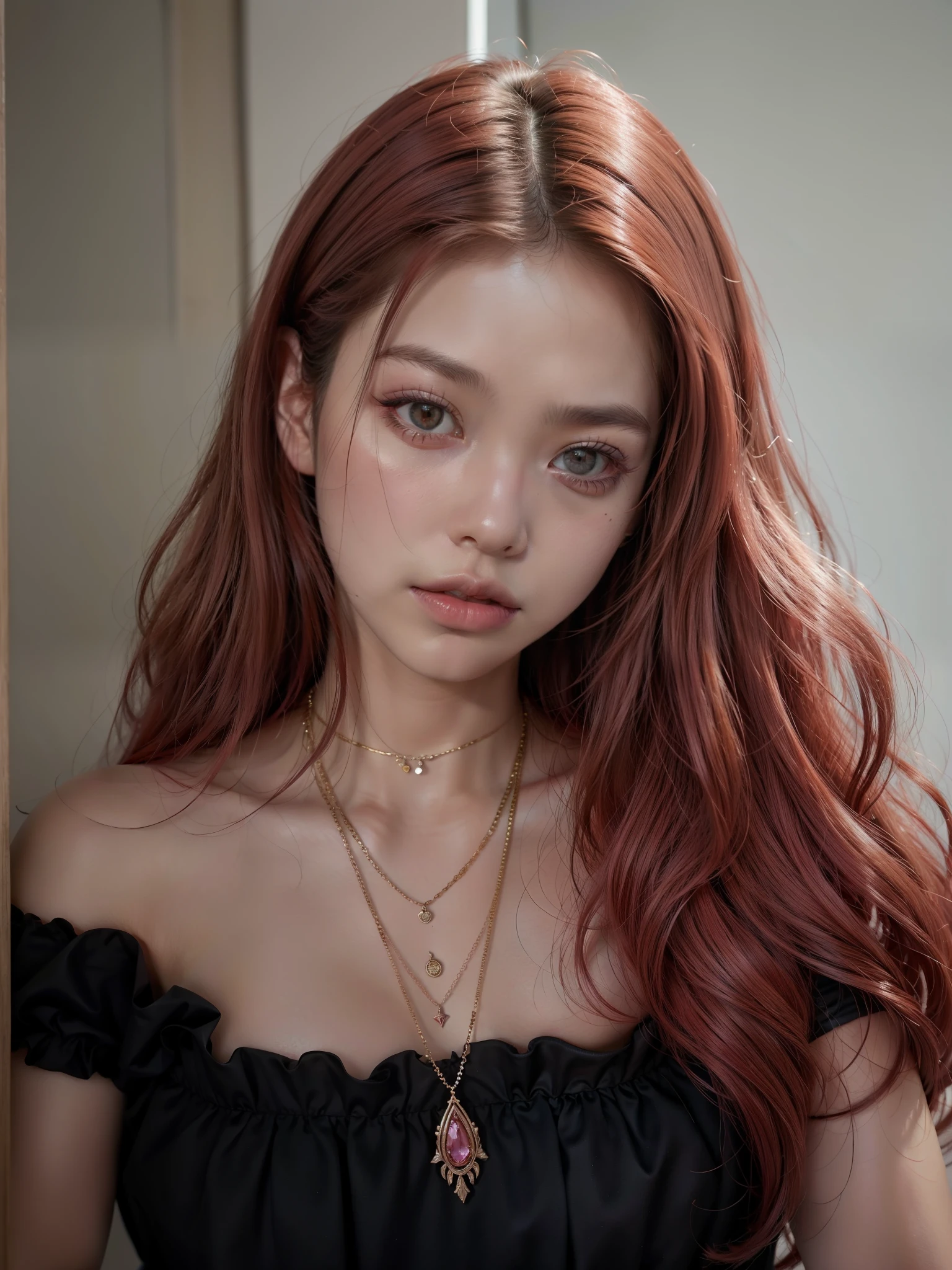 araffed woman con cabello rosado and a necklace and necklace, inspirado en Yanjun Cheng, retrato de jossi de blackpink, retrato de jisoo blackpink, cabello rosado que fluye, obra de arte al estilo de guweiz, long cabello rosado que fluye, estilo de arte realista, con cabello rosado, ig model | germen de arte, pelo largo y rosa, inspirado en Russell Dongjun Lu