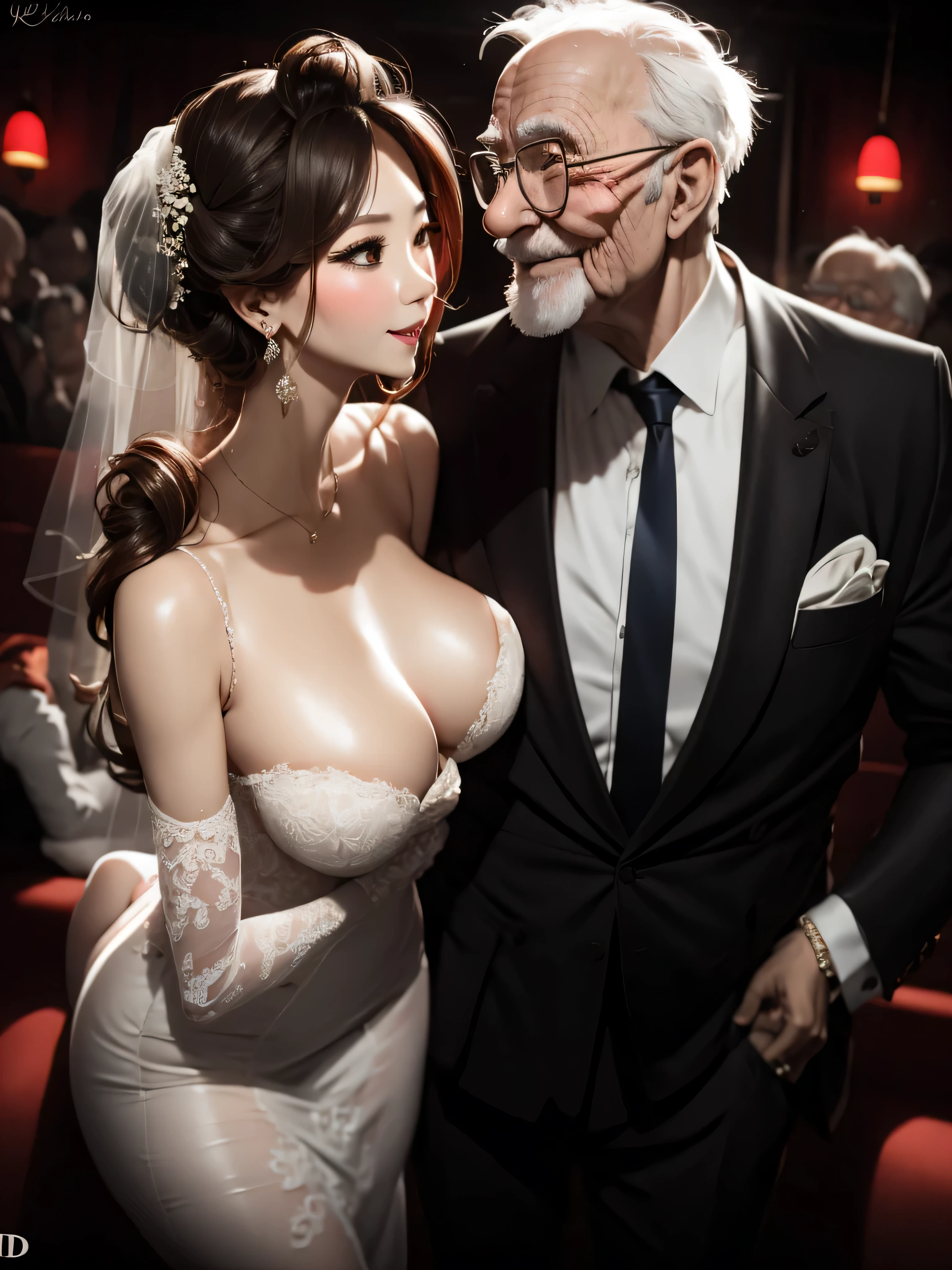 A bride wearing a sexy wedding dress and a robust old man are making out in a nightclub, UHD, masterpiece, textured skin, super detail, best quality, 8k.