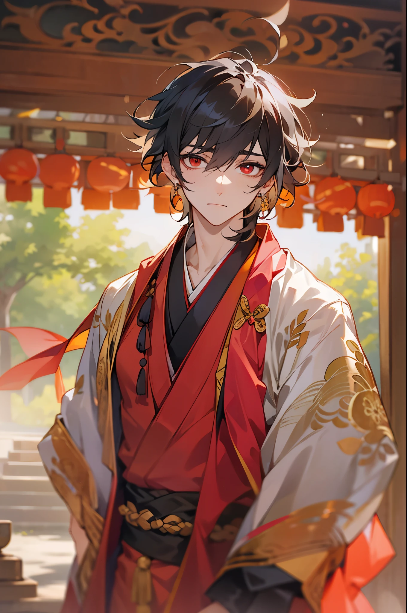 1male, Young Adult, Red Eyes, Black Hair, Short Hair, Messy Hair, Earrings, Confident and Calm Expression, Traditional Red Chinese Clothing, Japanese Temple, Sun Rise