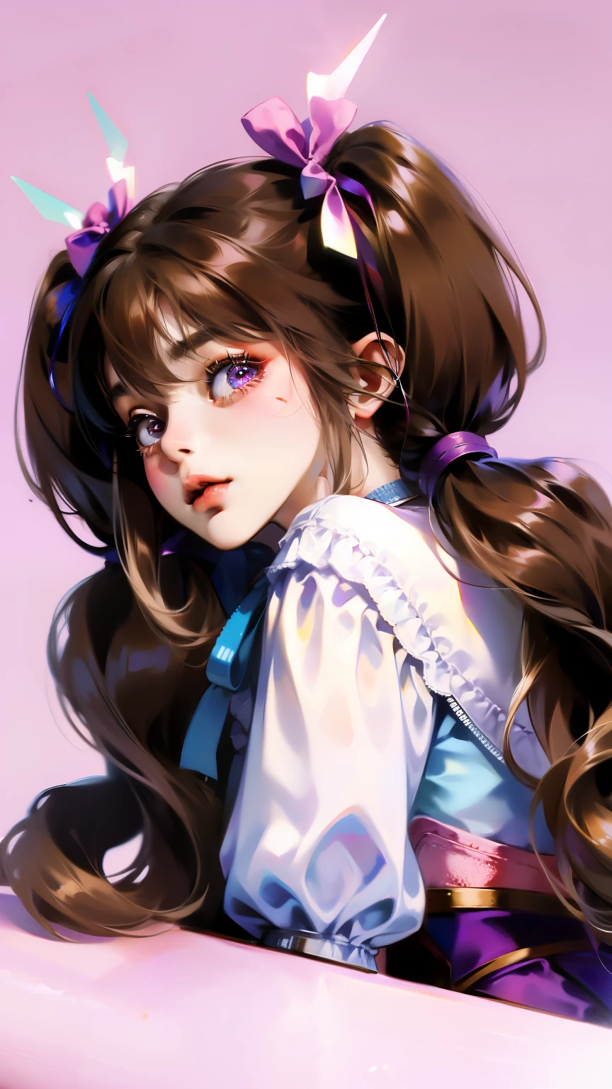 (1girl), masterpiece, best quality, super fine illustration, an extremely cute little girl, highly detailed beautiful face, looking at viewer, 1girl, belt, closeup, looking at viewer, 4k, high res, ribbon, firis mistuld, blush, pov, twintail hair, white background, simple background, thick outline, purple eyes, (sleep), brown hair, chibi, love expression,  ((brown hair)), (blood),