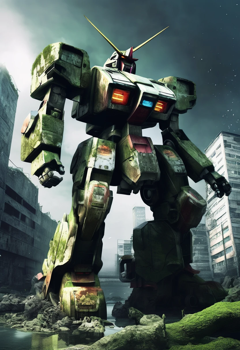 An abandoned Gundam robot rests in the depths of the city，science fiction，marine elements，Design elements，Skill，natural environment，ruins，Glass，moss，light silver，dark bronze， salvagepunk，Low-fidelity aesthetics，Not perfect，Handmade，rough，creativity，personality，Exterior，ancient，abandoned，Time baptism，oxidation，Visual effect