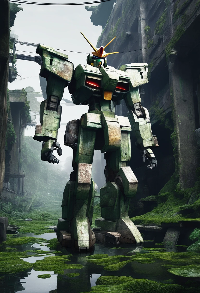 An abandoned Gundam robot rests in the depths of the city，science fiction，marine elements，Design elements，Skill，natural environment，ruins，Glass，moss，light silver，dark bronze， salvagepunk，Low-fidelity aesthetics，Not perfect，Handmade，rough，creativity，personality，Exterior，ancient，abandoned，Time baptism，oxidation，Visual effect
