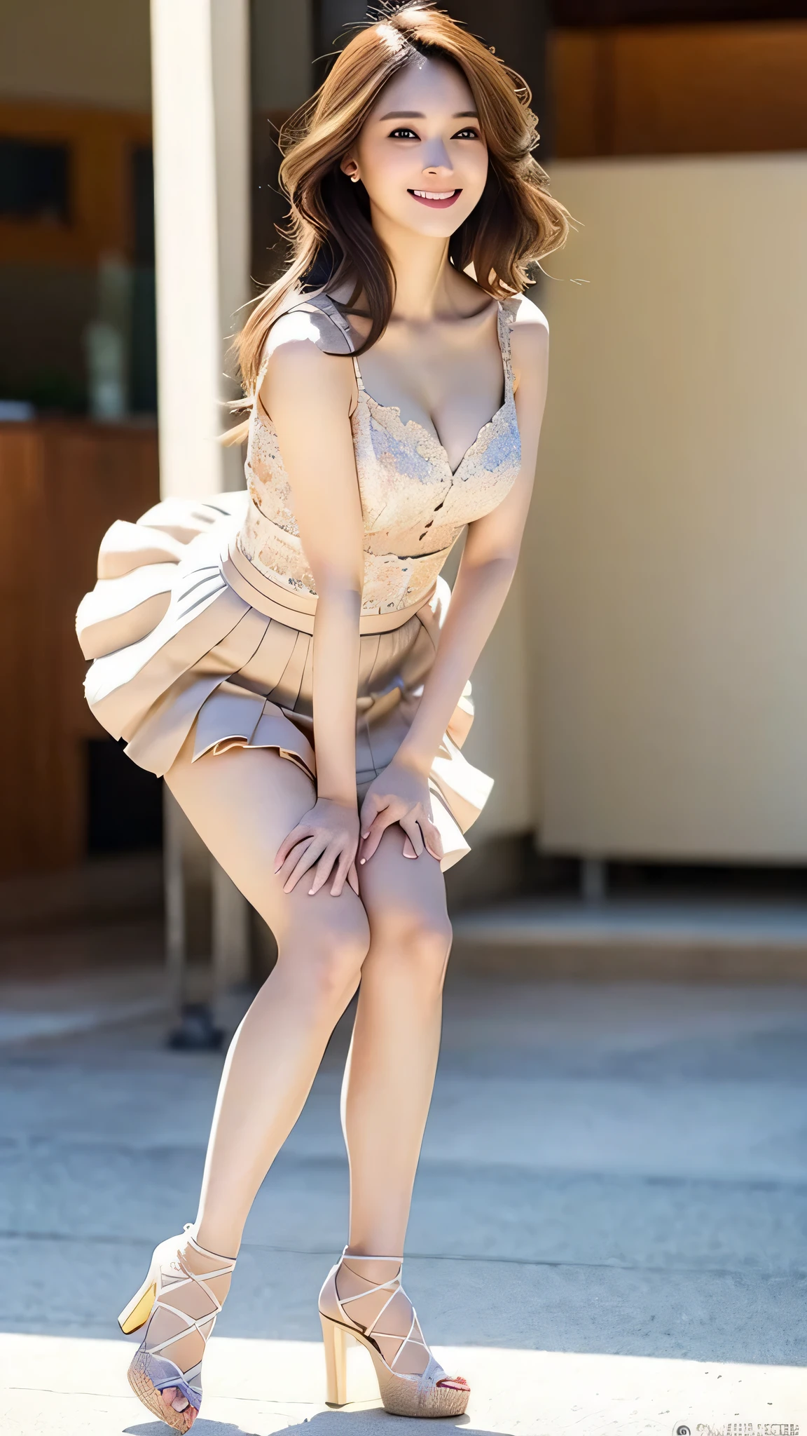 RAW photo, highest quality, realistic, realistic, very detailed, very delicate and beautiful, professional lighting, face lighting, Depth of the bounds written, single focus, whole body, 20歳のwoman, brown hair, brown eyes, small head, (((big)), fashionable girl, beautiful eyes, real face, real skin, real face, realistic skin, fine eyes, (fashionable hairstyle: 1.3), dynamic pose, Audience, Detailed look of face and chest, announcer, smile, Mr.々Taken in a pose, long and beautiful legs, wearing high heels, city, mini skirt,一people,1people々'woman