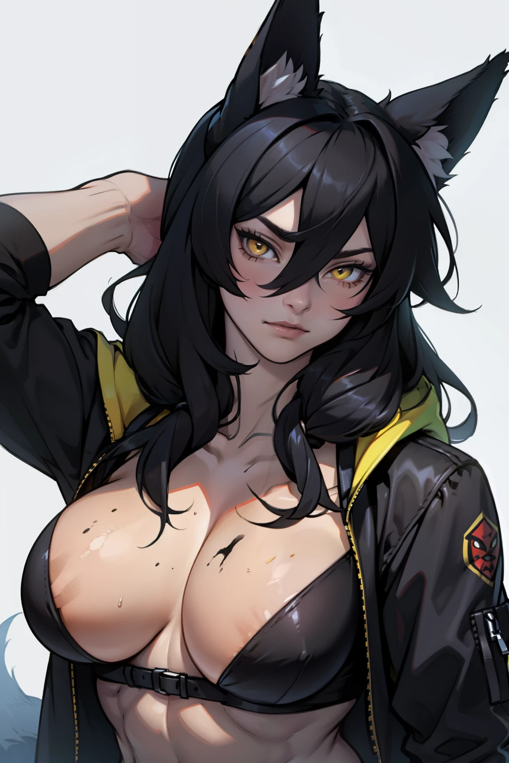 pale girl muscular breasts black hair yellow eyes thick large fox ears messy hair between eyes