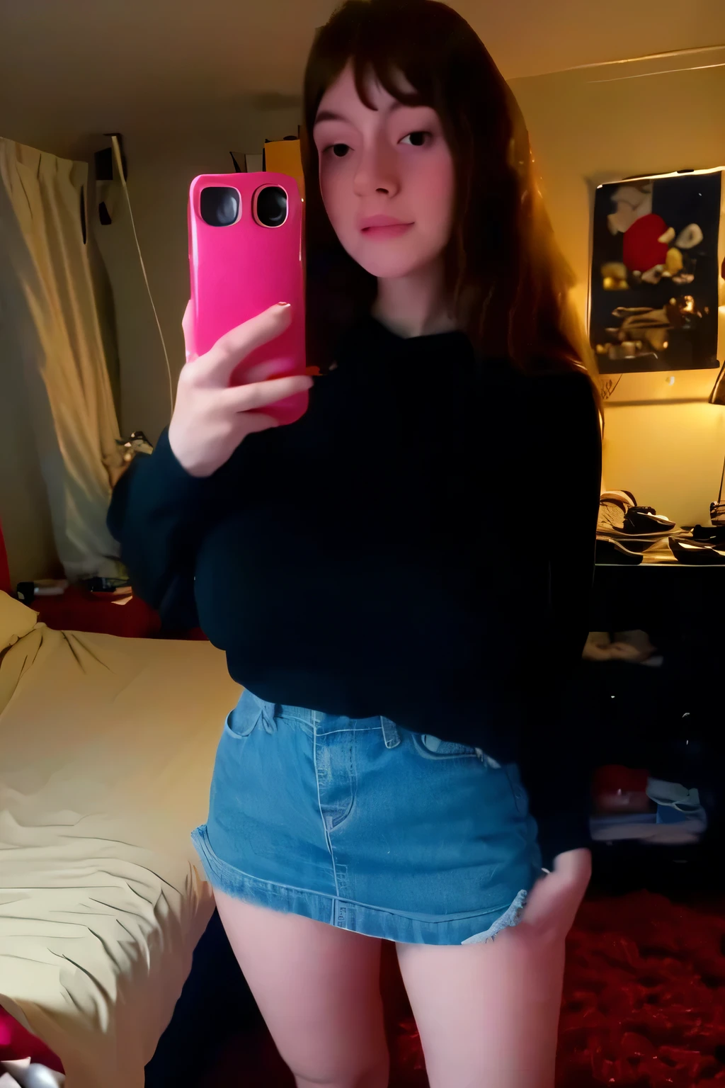 (masterpiece, best quality:1.2) brown hair teen , oversize clothes she is about , 15 years olde breast sfw, sfw breast, blurry image, webcam screenshot,by :5 sexy: 7, shot on webcam, very very low quality, desaturated!! , blurry , no lights , dark bedroom, poor lighting , ((very pale skin)) ,