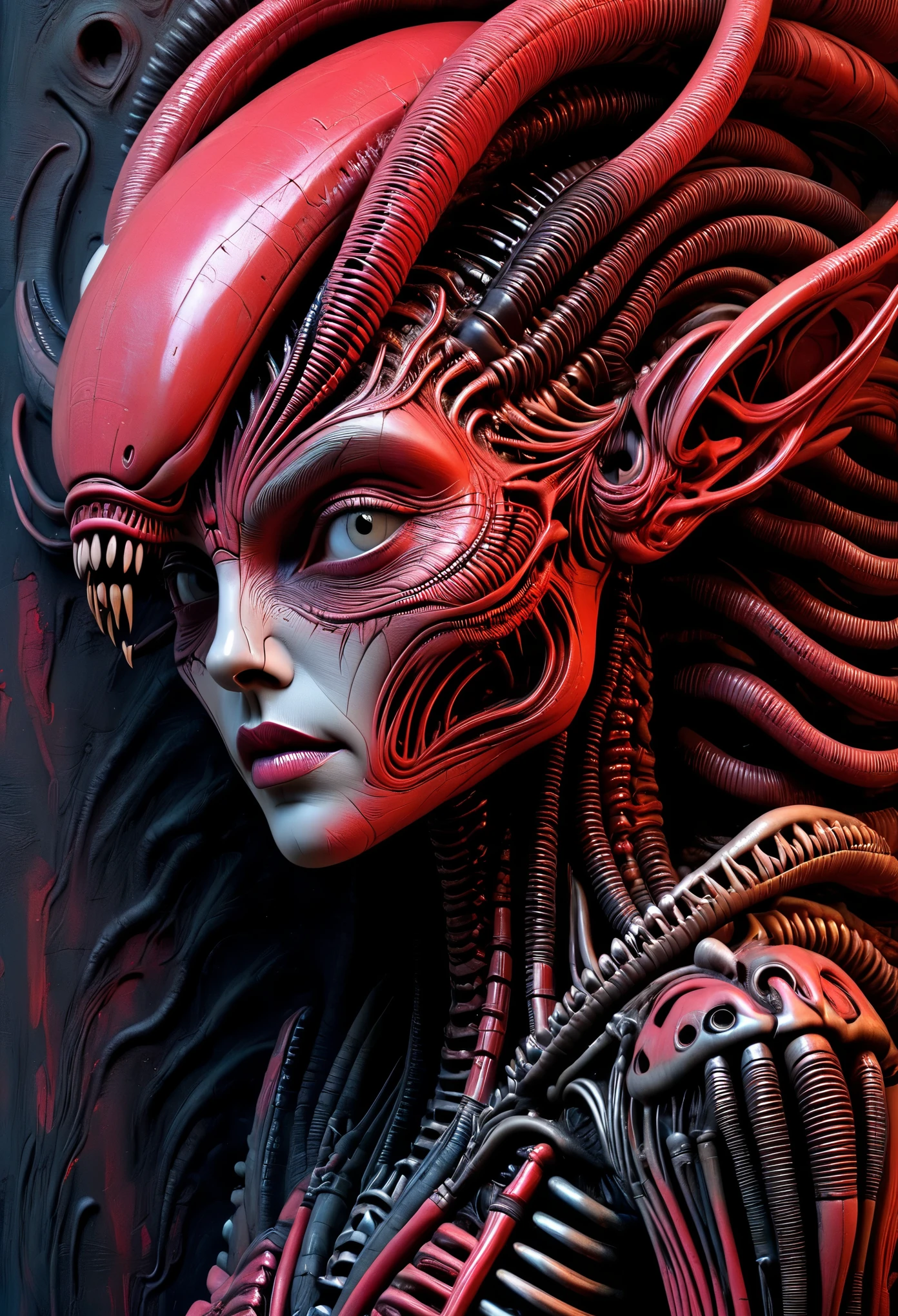 BORG ALIEN QUEEN, Bizarre Human, DYNAMIC, Masterful RED Palettee RICH Colors Pale Skin, CUTE Face, Concept Design, Oil Paint ART, Textured, Dark, DARK Abstract Background Horror SURREALISM, HR GEIGER