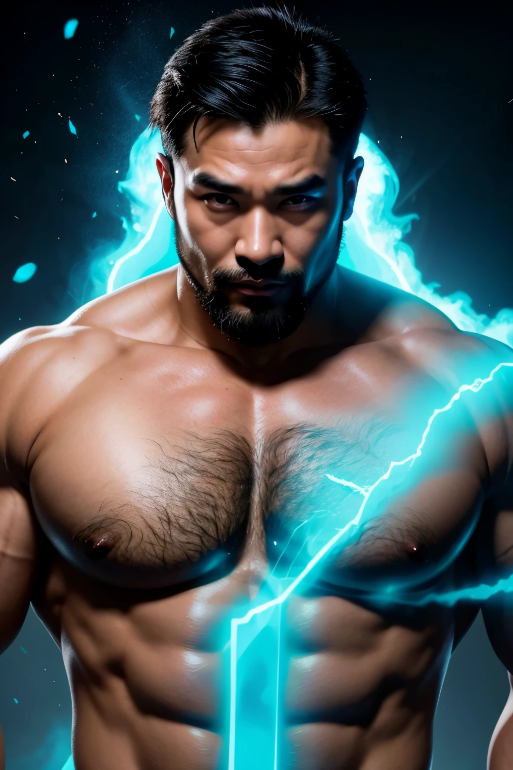 A chinese man with blue mists surrounding his eyes. Hunky, beefy, muscled, wide, hunk, hairy, very hairy chest. There's a unnatural diamond-blue glow in his eyes