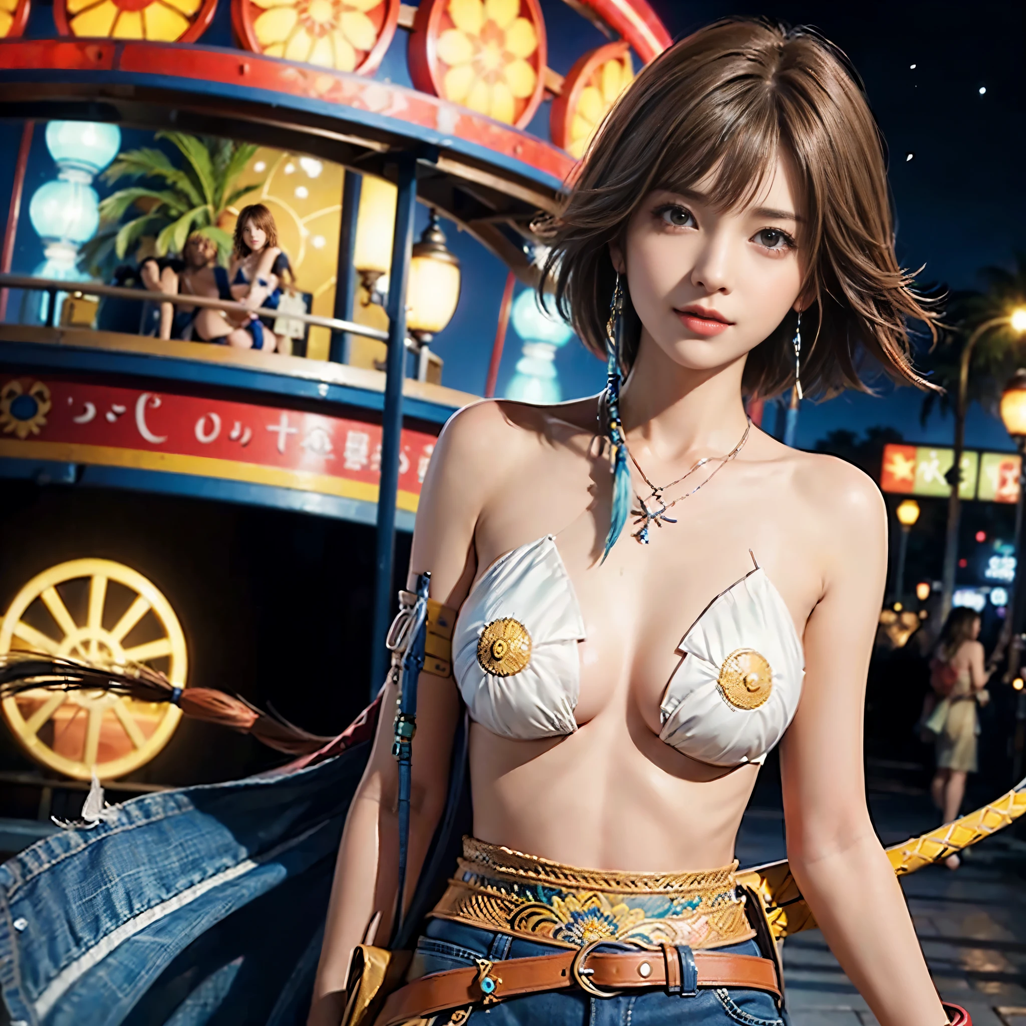 4k,1、(((topless))), High resolution, super detailed), 1 female, 28 years old, Final Fantasy Yuna x2, More mature, ((simple background)), plain background, ((There is nothing in the background)), surreal, Yuna&#39;s Final Fantasy costume, Yuna&#39;s original costume design from Final Fantasy X2, (((nsfw://www.Creative Uncut.。.。.and/Gallery-01/ff10-2-Yuna 2...html))), Denim shorts exposed to tatters, Features of asymmetrical clothing, belt on left hip, Optimal clothing simulation, not a necklace, 1 female, Windy nights, Yuna's Bob Hairstyles, Big breasts, cleavage, middle_chest, thick body, smile, , close up shot, shot from the front, zoomed in shot, Access HIPS image scope, smile with closed mouth, from head to waist, Characters looking at the camera, I&#39;m watching you, Yuna FFX, blue bead earrings,(((Only the upper body is naked))),smile,(((Ferris wheel))),sit,firework