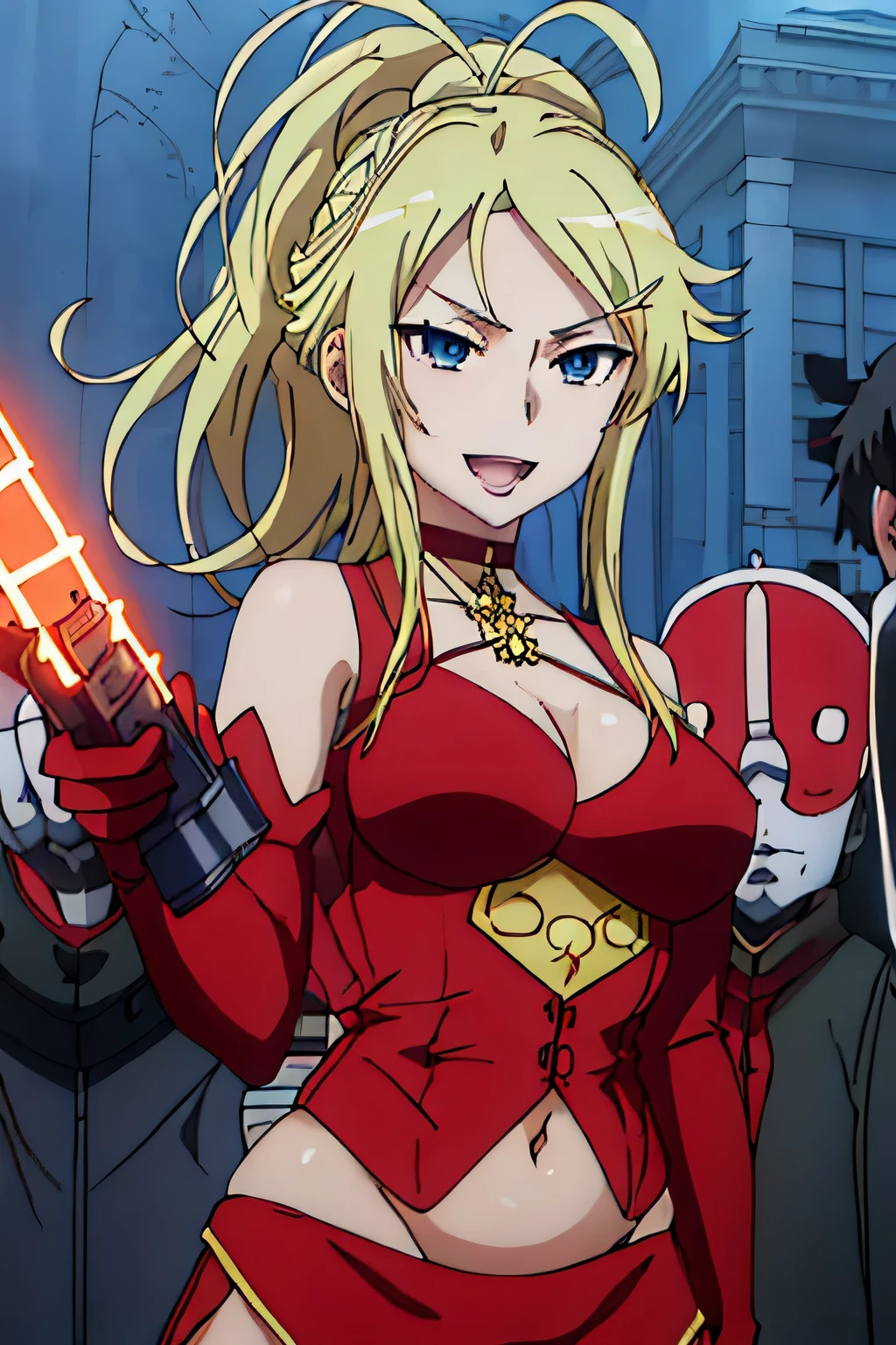 highres, solo, {carissa_toarumajutsunoindex:1.15}, blonde_hair, long_hair, blue_eyes, breasts, ponytail, 1girl, choker, anime_coloring, masterpiece, best quality, highly detailed, a anime girls in china dress with navel cutout holding a gun
posing for a picture, navel cutout, crop top, china dress, ecchi anime style, evil smile, open mouth,
smile, anime girls, ecchi style, ecchi, digital anime art!!, in anime style, official artwork, (nsfw) not safe
for work, beautiful anime girl, anime style 4 k, pelvic curtain, exposed belly, exposed navel, exposed
midriff, exposed lower belly, holding a gun, chinatown, outdoor,street,road