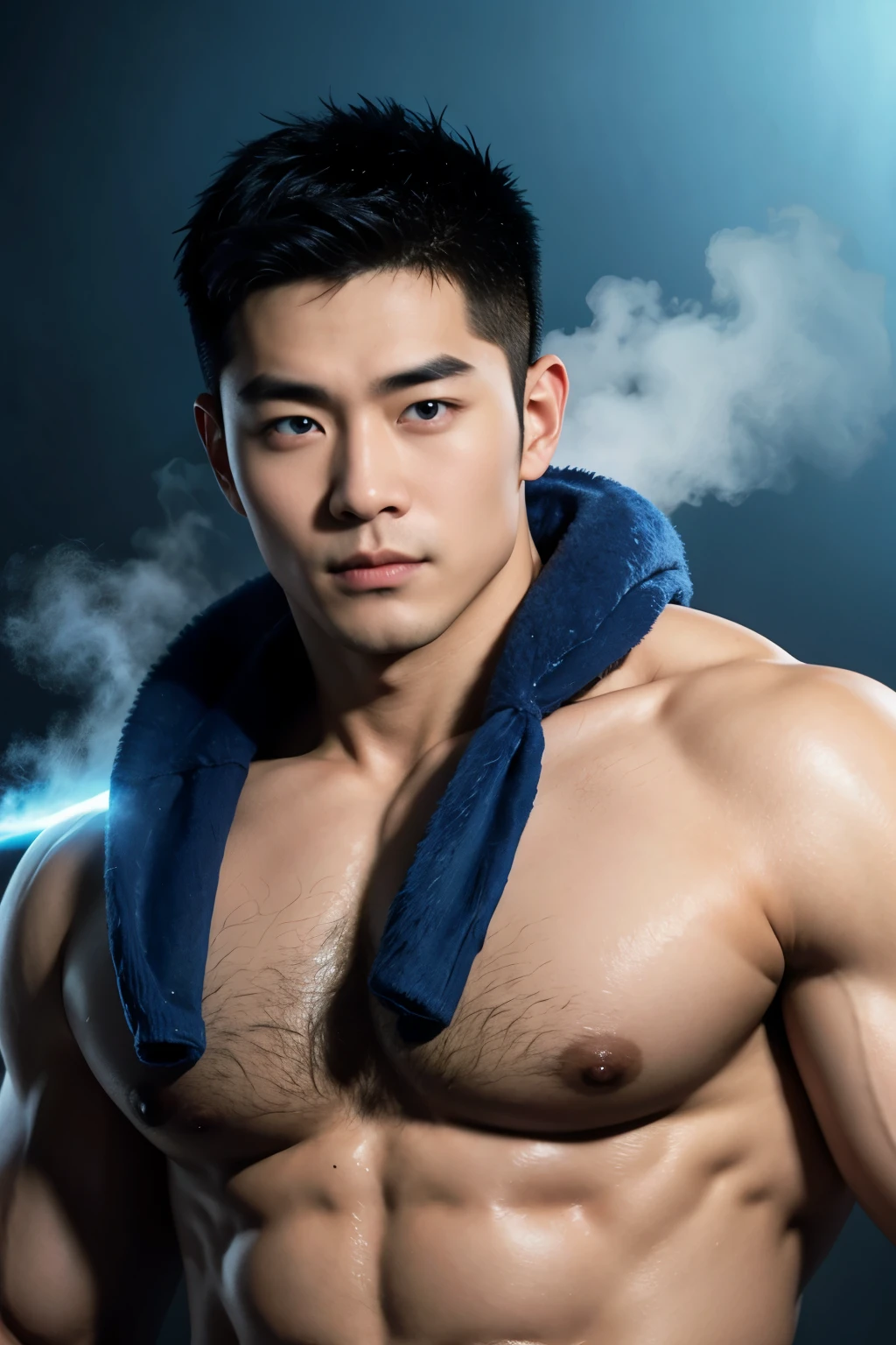 A chinese man with blue mists surrounding his eyes. Hunky, beefy, muscled, wide, hunk, hairy, very hairy chest. There's a unnatural diamond-blue glow in his eyes