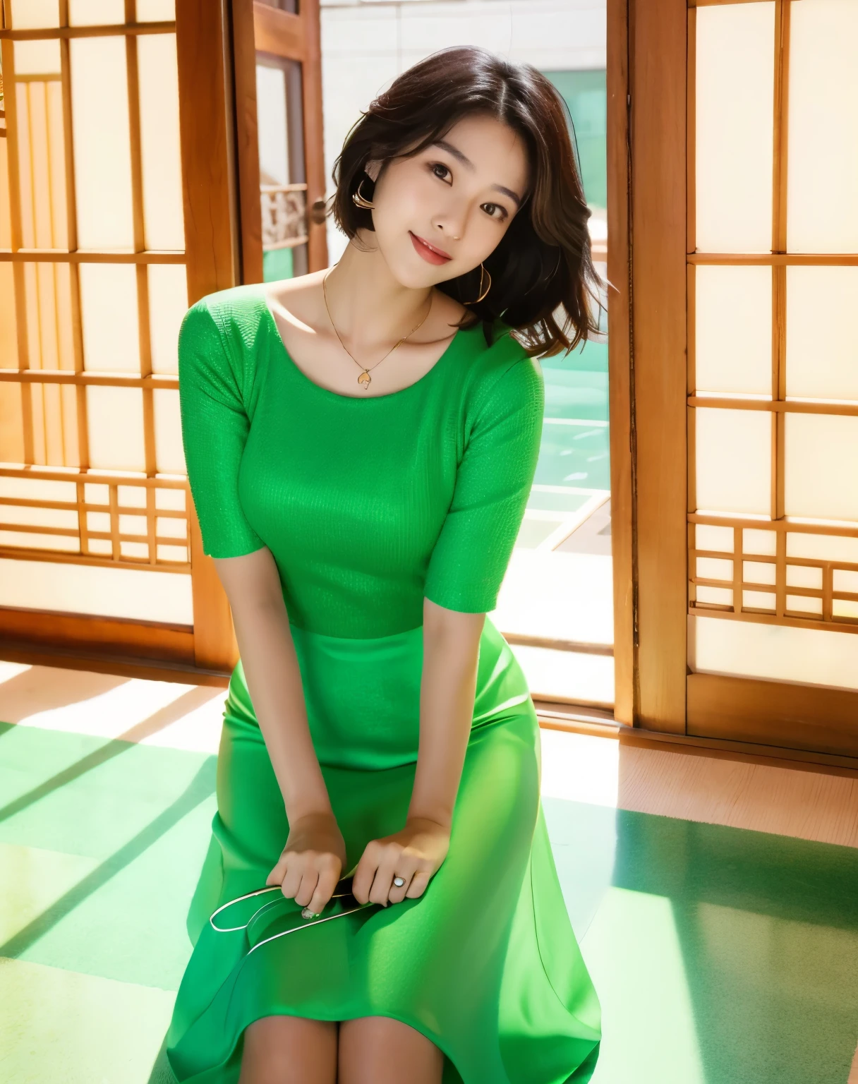 araffed asian woman in a green dress posing for a picture, tube-top dress, light green dress, green dress, beautiful asian girl, young asian girl, young and cute girl, wenfei ye, young cute wan asian face, asian girl, cute young woman, attractive girl, a young asian woman, pastel green, a cute young woman, xintong chen