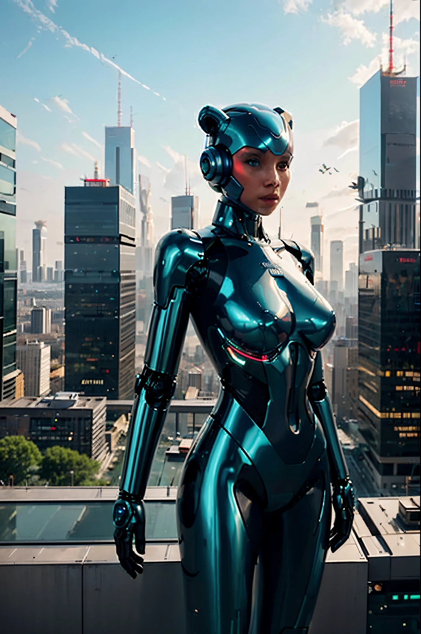 1robot standing on a roof with a city in the background, digital art by Jakob Gauermann, trending on cg society, digital art, futuristic robot, cyberpunk robot, futuristic robot body, half-body, upper body

