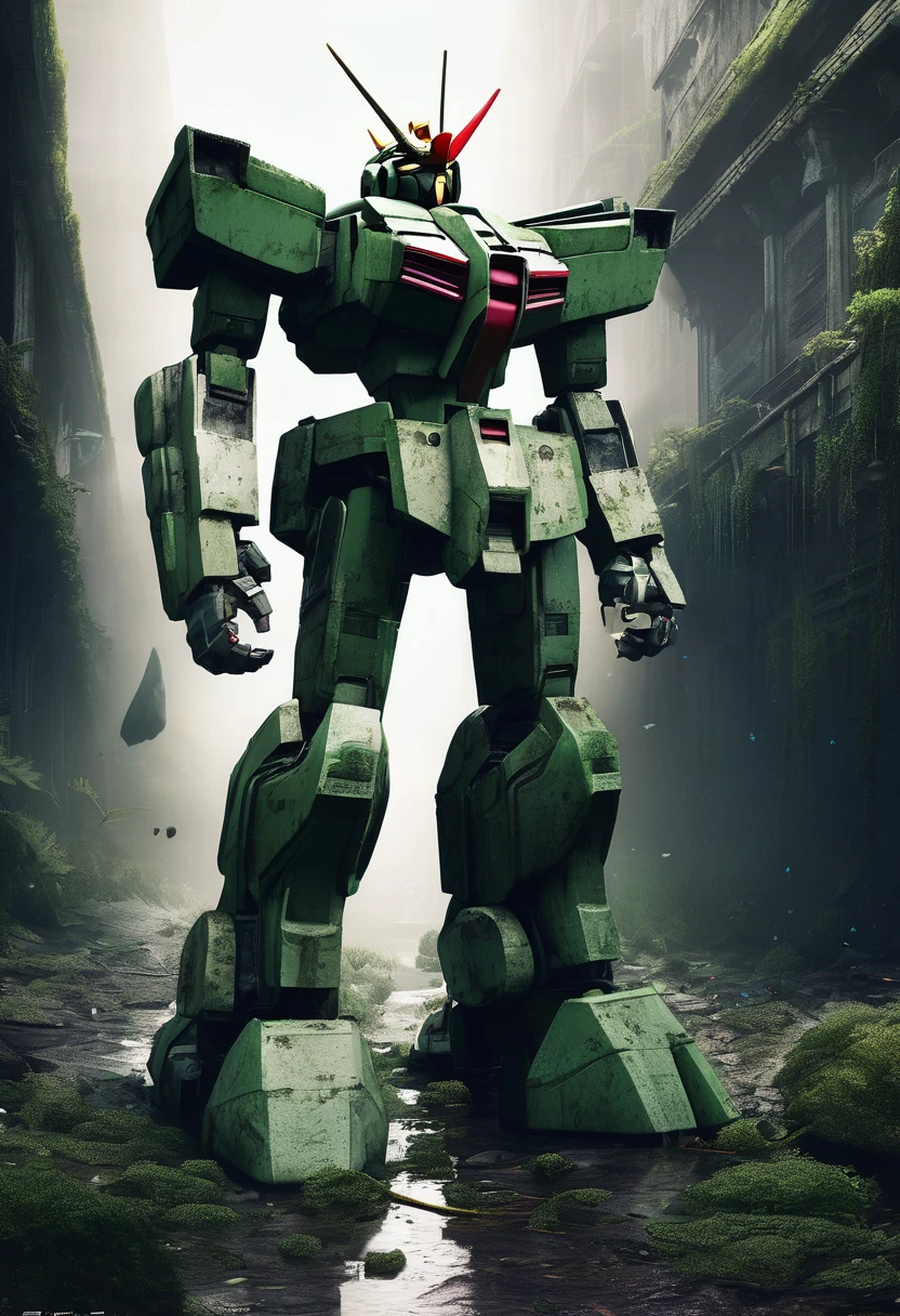 An abandoned Gundam robot rests in the depths of the city,science fiction,marine elements,Design elements,Skill,natural environment,ruins,Glass,moss,light silver,dark bronze, salvagepunk,Low-fidelity aesthetics,Not perfect,Handmade,rough,creativity,personality,Exterior,ancient,abandoned,Time baptism,oxidation,Visual effect