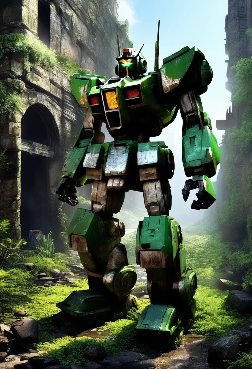 An abandoned Gundam robot rests in the depths of the city,science fiction,marine elements,Design elements,Skill,natural environment,ruins,Glass,moss,light silver,dark bronze, salvagepunk,Low-fidelity aesthetics,Not perfect,Handmade,rough,creativity,personality,Exterior,ancient,abandoned,Time baptism,oxidation,Visual effect