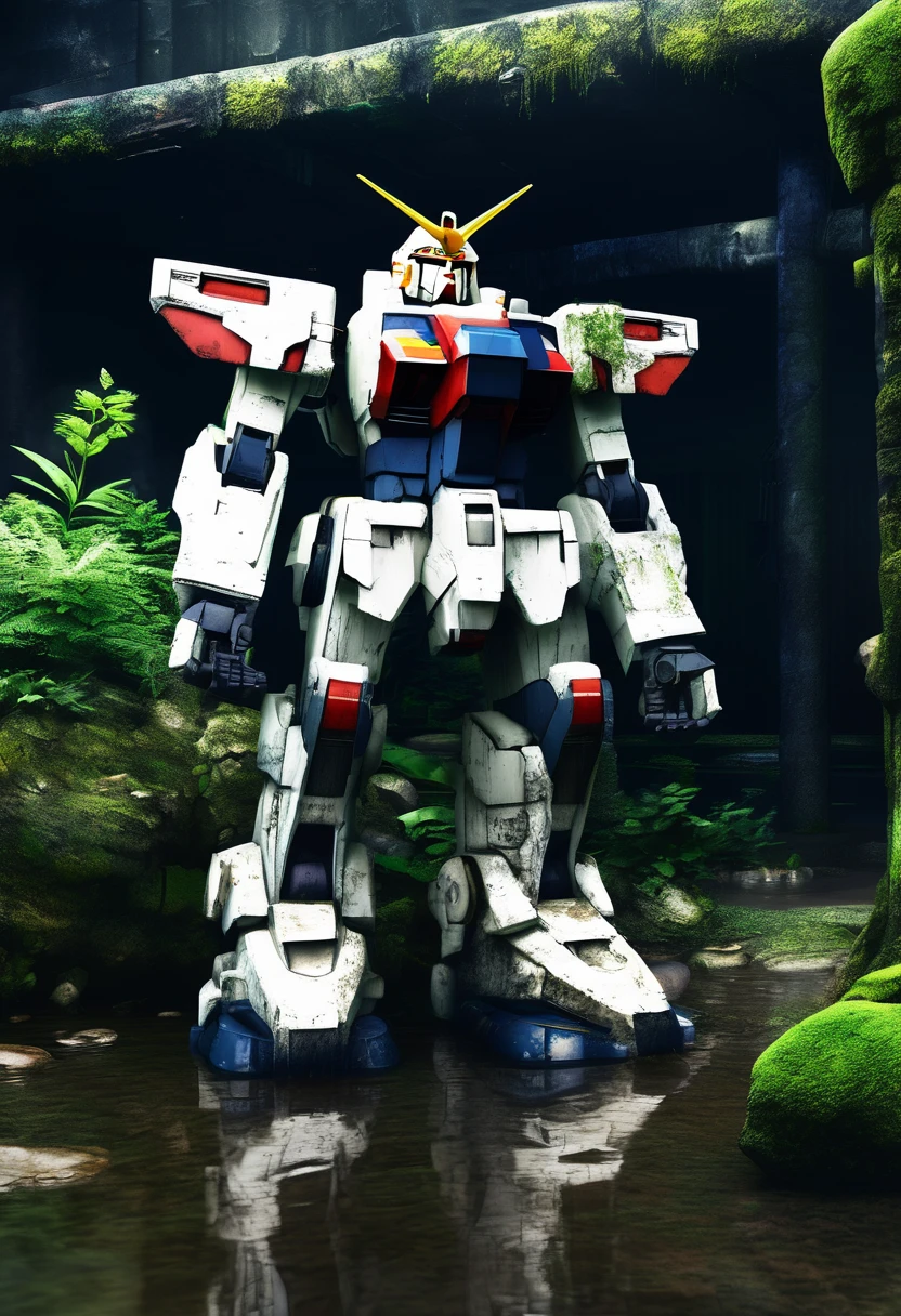 An abandoned Gundam robot rests in the depths of the city,science fiction,marine elements,Design elements,Skill,natural environment,ruins,Glass,moss,light silver,dark bronze, salvagepunk,Low-fidelity aesthetics,Not perfect,Handmade,rough,creativity,personality,Exterior,ancient,abandoned,Time baptism,oxidation,Visual effect