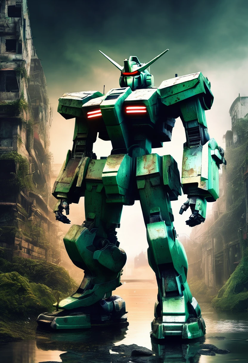 An abandoned Gundam robot rests in the depths of the city,science fiction,marine elements,Design elements,Skill,natural environment,ruins,Glass,moss,light silver,dark bronze, salvagepunk,Low-fidelity aesthetics,Not perfect,Handmade,rough,creativity,personality,Exterior,ancient,abandoned,Time baptism,oxidation,Visual effect