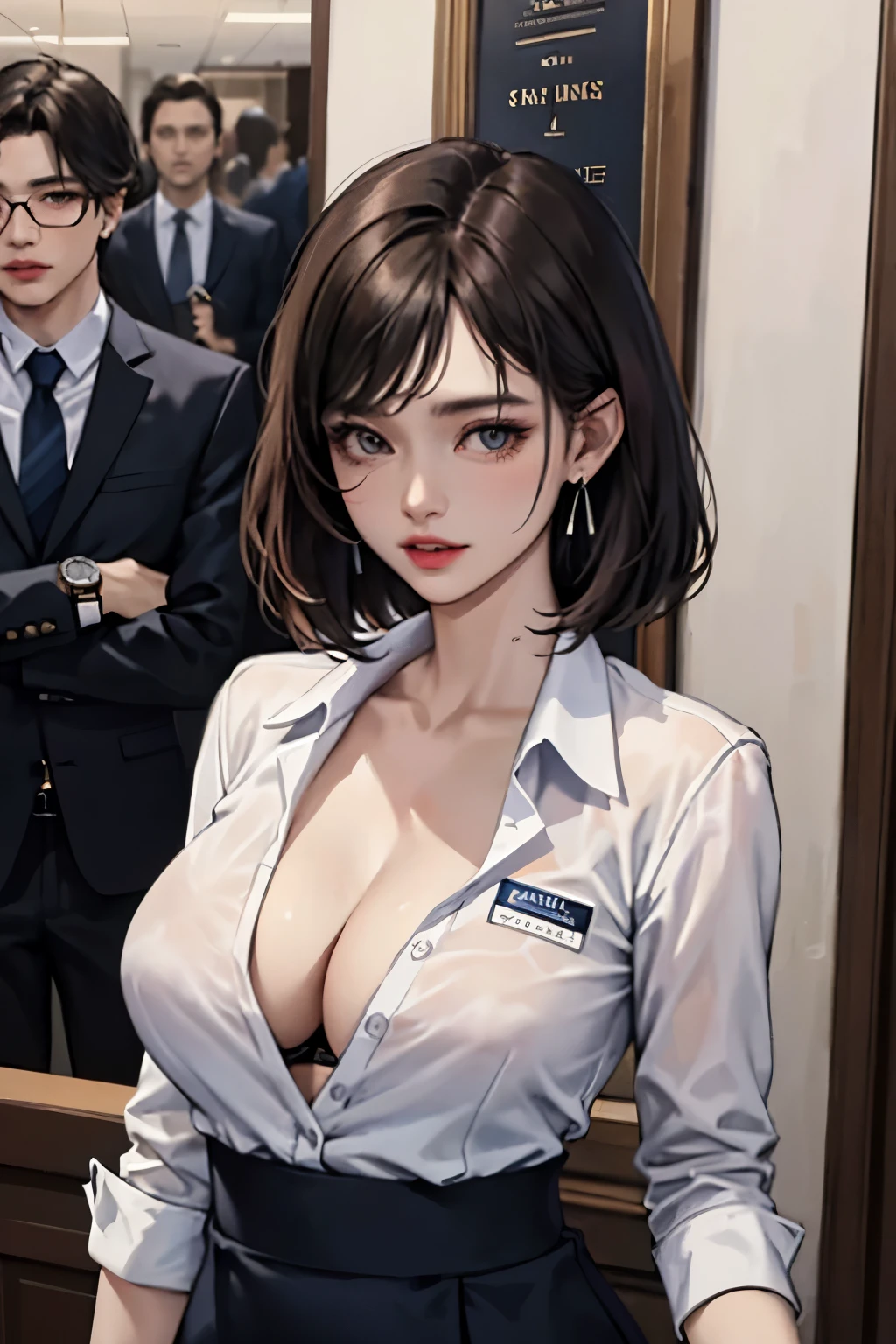 (Masterpiece: 1.2, Best Quality), MILF, Solo, Upper Body, Bob Hair, Curvy, Smooth Straight Hair, Stylish Lip Color, Luxury Watch, White Shirt, Navy Business Suit, In-House, Earrings, Shy, Blushing , cleavage, viewers see,