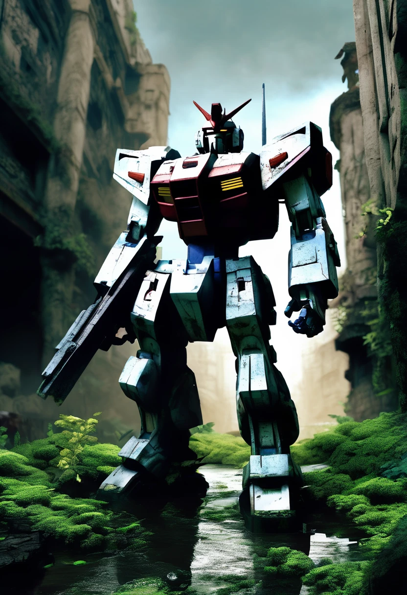 An abandoned Gundam robot rests in the depths of the city，science fiction，marine elements，Design elements，Skill，natural environment，ruins，Glass，moss，light silver，dark bronze， salvagepunk，Low-fidelity aesthetics，Not perfect，Handmade，rough，creativity，personality，Exterior，ancient，abandoned，Time baptism，oxidation，Visual effect
