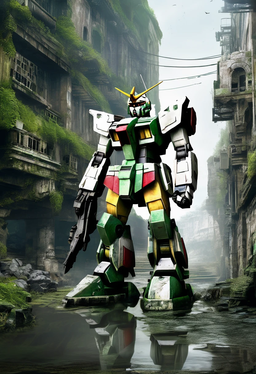 An abandoned Gundam robot rests in the depths of the city，science fiction，marine elements，Design elements，Skill，natural environment，ruins，Glass，moss，light silver，dark bronze， salvagepunk，Low-fidelity aesthetics，Not perfect，Handmade，rough，creativity，personality，Exterior，ancient，abandoned，Time baptism，oxidation，Visual effect