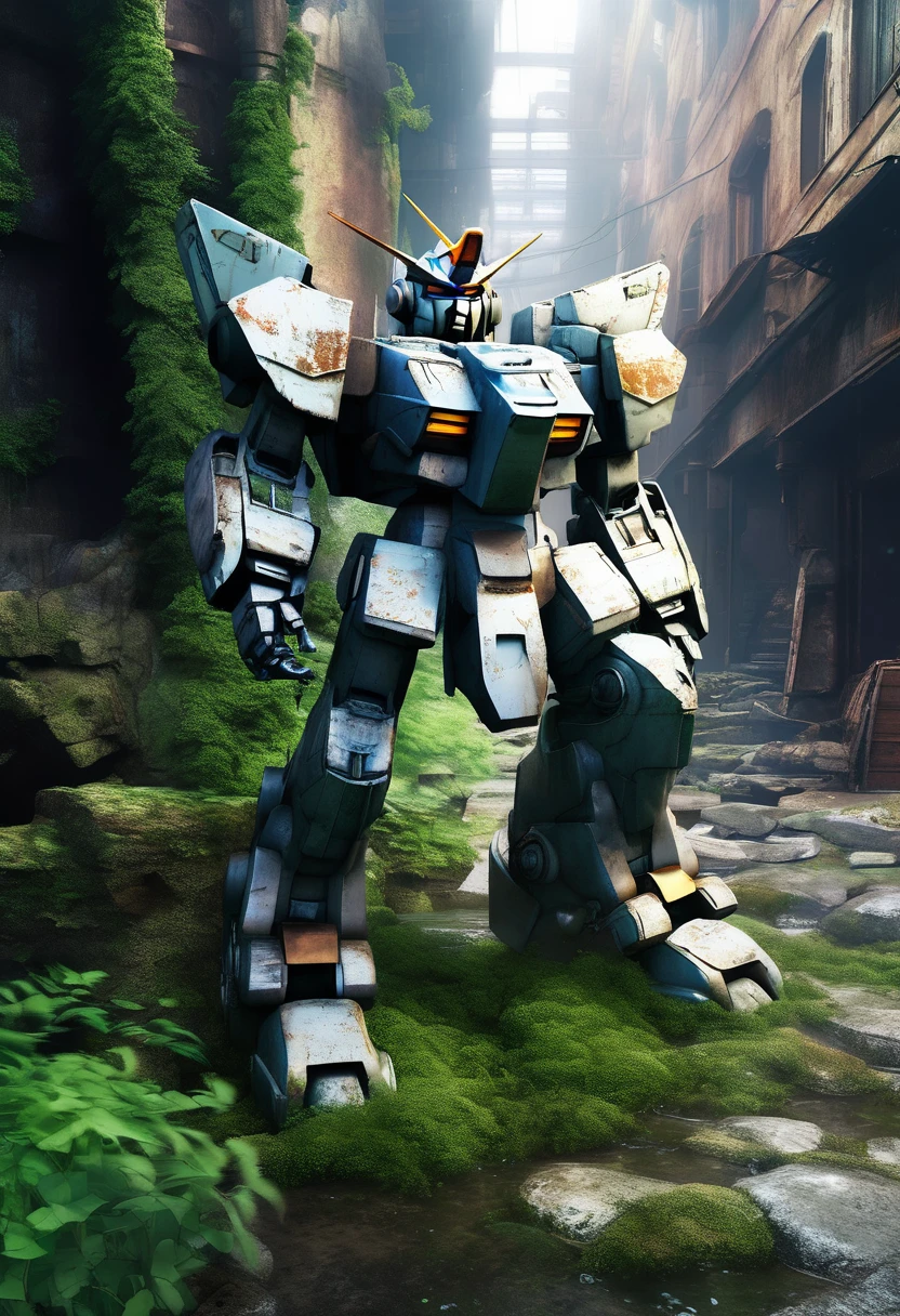 An abandoned Gundam robot rests in the depths of the city，science fiction，marine elements，Design elements，Skill，natural environment，ruins，Glass，moss，light silver，dark bronze， salvagepunk，Low-fidelity aesthetics，Not perfect，Handmade，rough，creativity，personality，Exterior，ancient，abandoned，Time baptism，oxidation，Visual effect