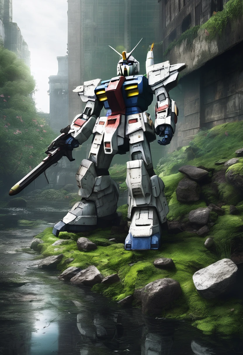 An abandoned Gundam robot rests in the depths of the city,science fiction,marine elements,Design elements,Skill,natural environment,ruins,Glass,moss,light silver,dark bronze, salvagepunk,Low-fidelity aesthetics,Not perfect,Handmade,rough,creativity,personality,Exterior,ancient,abandoned,Time baptism,oxidation,Visual effect
