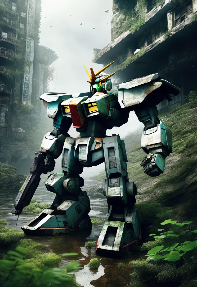 An abandoned Gundam robot rests in the depths of the city,science fiction,marine elements,Design elements,Skill,natural environment,ruins,Glass,moss,light silver,dark bronze, salvagepunk,Low-fidelity aesthetics,Not perfect,Handmade,rough,creativity,personality,Exterior,ancient,abandoned,Time baptism,oxidation,Visual effect