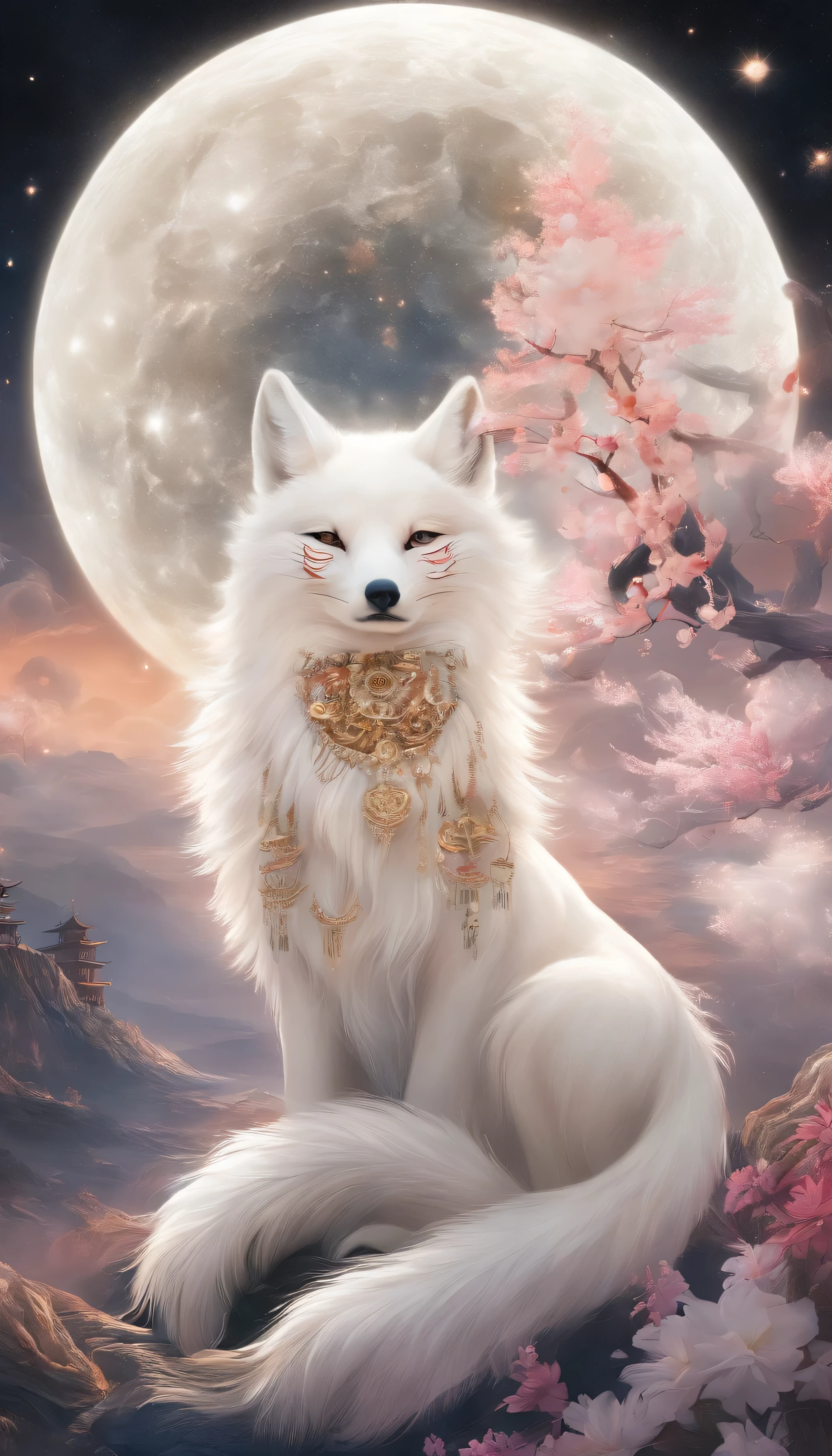 chinese mythology，Giant White Fox，thick clouds，（（（9 Tailoring，moon，masterpiece，best image quality，super fine，super magical，Super detailed，8K resolution，OC renderer，dynamic viewing angle , ((in front:1.4))