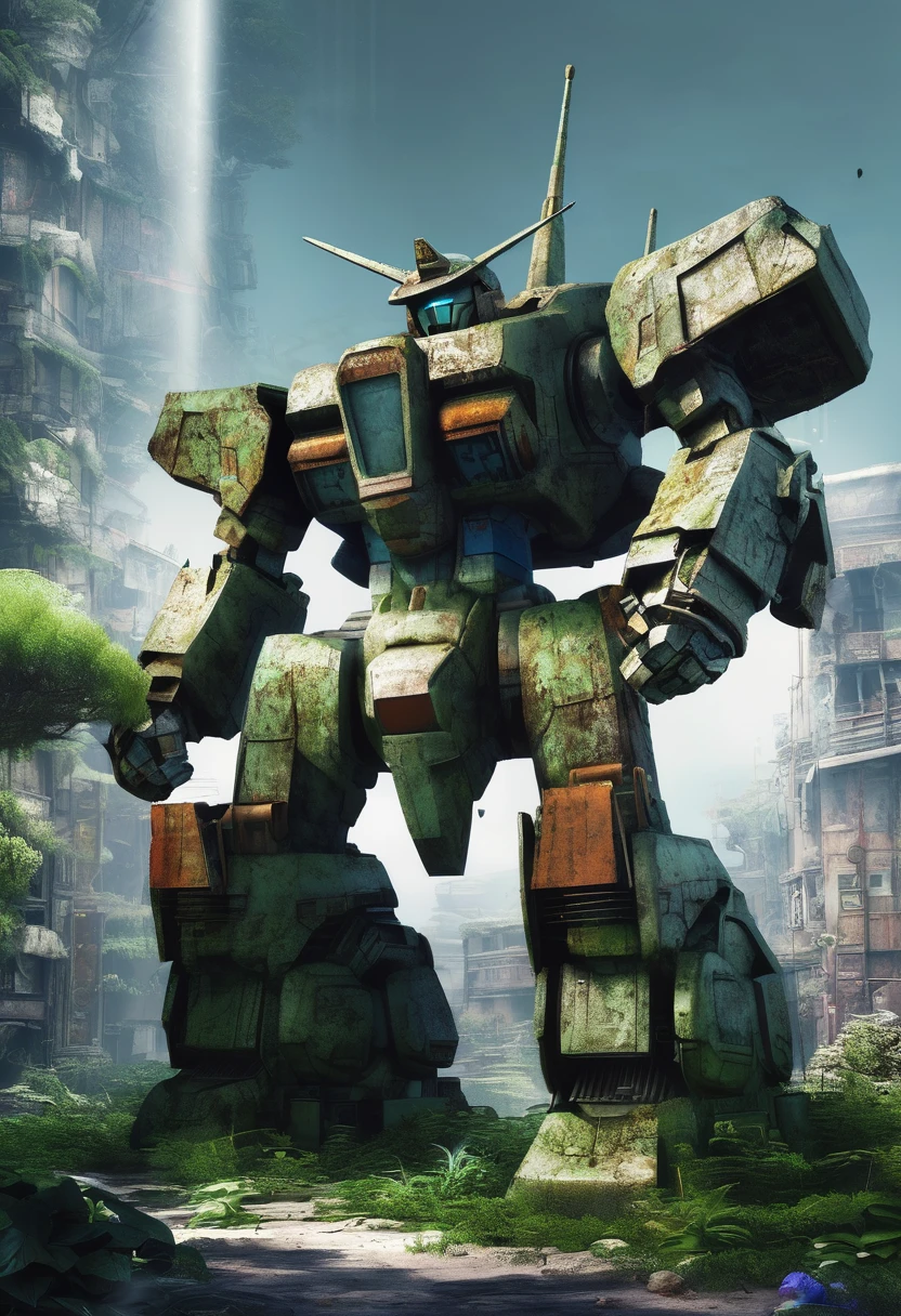 An abandoned Gundam robot rests in the depths of the city，science fiction，marine elements，Design elements，Skill，natural environment，ruins，Glass，moss，light silver，dark bronze， salvagepunk，Low-fidelity aesthetics，Not perfect，Handmade，rough，creativity，personality，Exterior，ancient，abandoned，Time baptism，oxidation，Visual effect