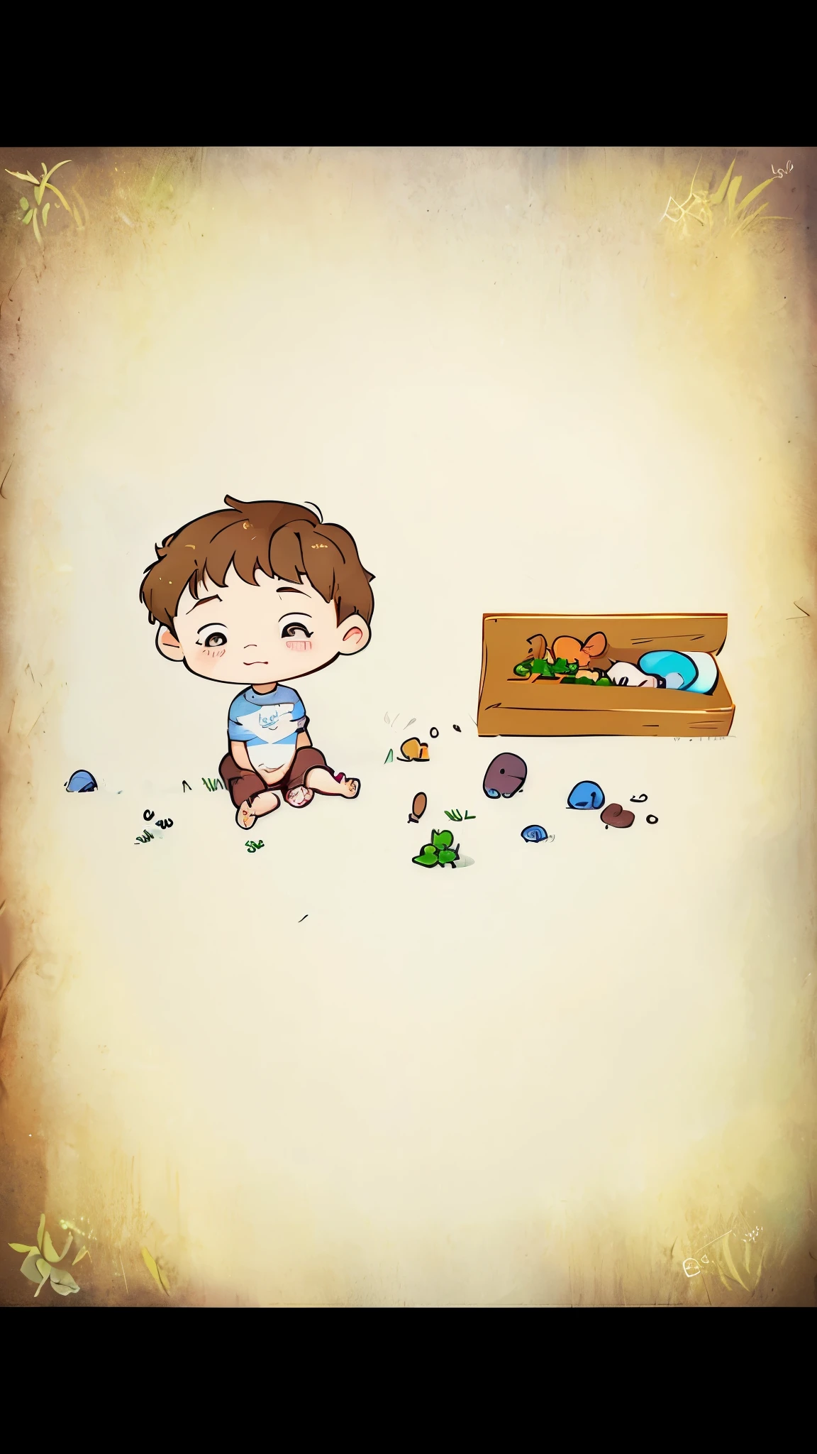 Cartoon of a boy sitting on the ground next to chest, Wallpapers – 1 0 2 4, animation stills, daily life, animated illustration style, 2D animation, 2 animation, children&#39;s book illustrations, 2d illustration, 2d illustration, animation stills, animation stills, child, cute illustration, childs book illustration, color illustration