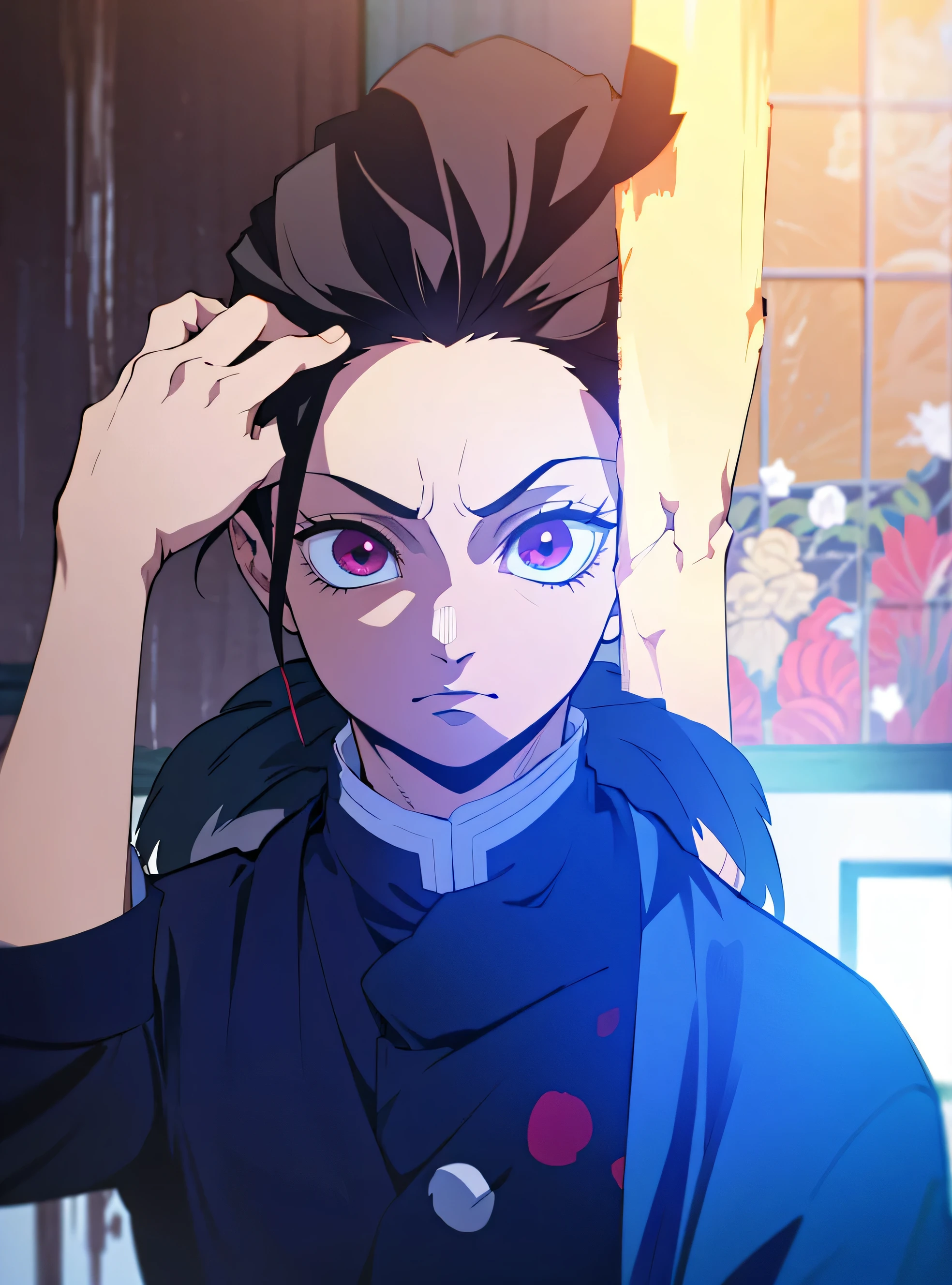 Chico, pelo negro y rojo, ojos grises, estilo kimetsu no yaiba 