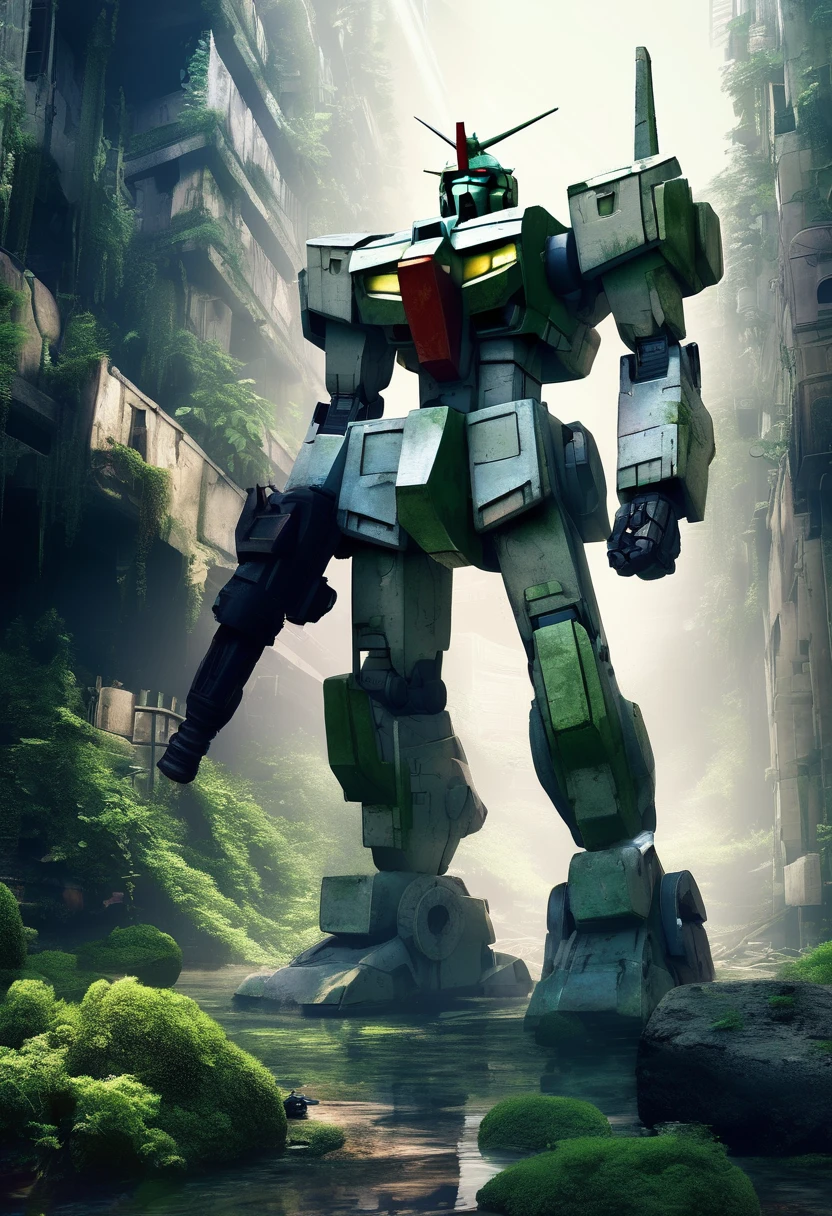 An abandoned Gundam robot rests in the depths of the city，science fiction，marine elements，Design elements，Skill，natural environment，ruins，Glass，moss，light silver，dark bronze， salvagepunk，Low-fidelity aesthetics，Not perfect，Handmade，rough，creativity，personality，Exterior，ancient，abandoned，Time baptism，oxidation，Visual effect