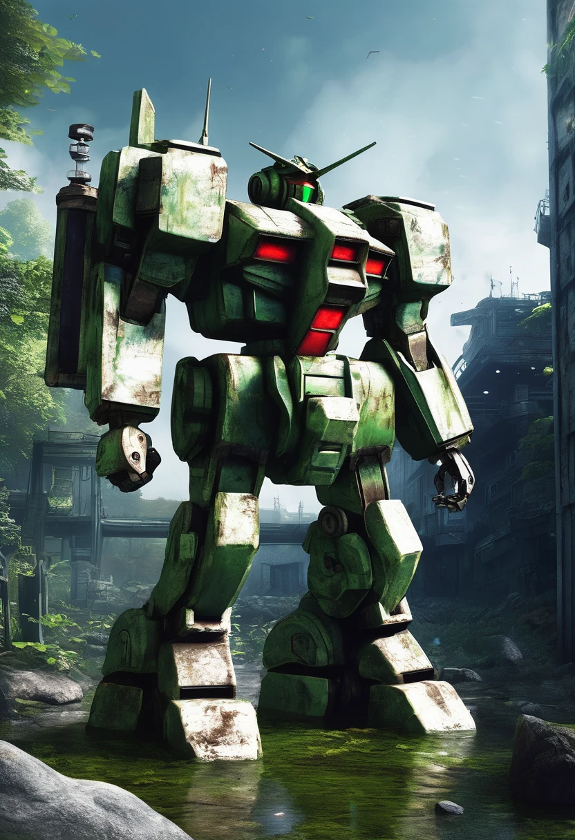 An abandoned Gundam robot rests in the depths of the city,science fiction,marine elements,Design elements,Skill,natural environment,ruins,Glass,moss,light silver,dark bronze, salvagepunk,Low-fidelity aesthetics,Not perfect,Handmade,rough,creativity,personality,Exterior,ancient,abandoned,Time baptism,oxidation,Visual effect