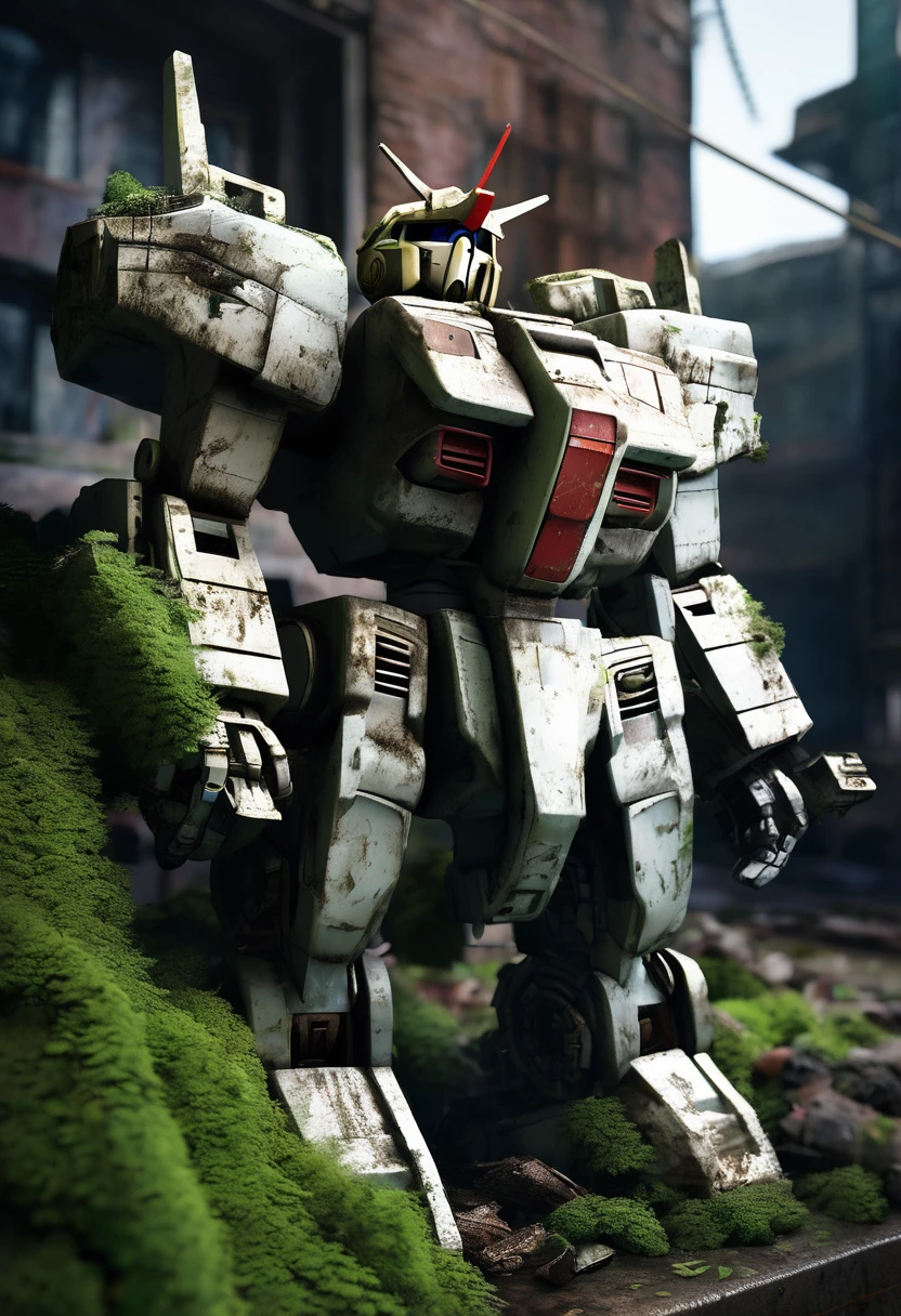 An abandoned Gundam robot rests in the depths of the city，science fiction，marine elements，Design elements，Skill，natural environment，ruins，Glass，moss，light silver，dark bronze， salvagepunk，Low-fidelity aesthetics，Not perfect，Handmade，rough，creativity，personality，Exterior，ancient，abandoned，Time baptism，oxidation，Visual effect