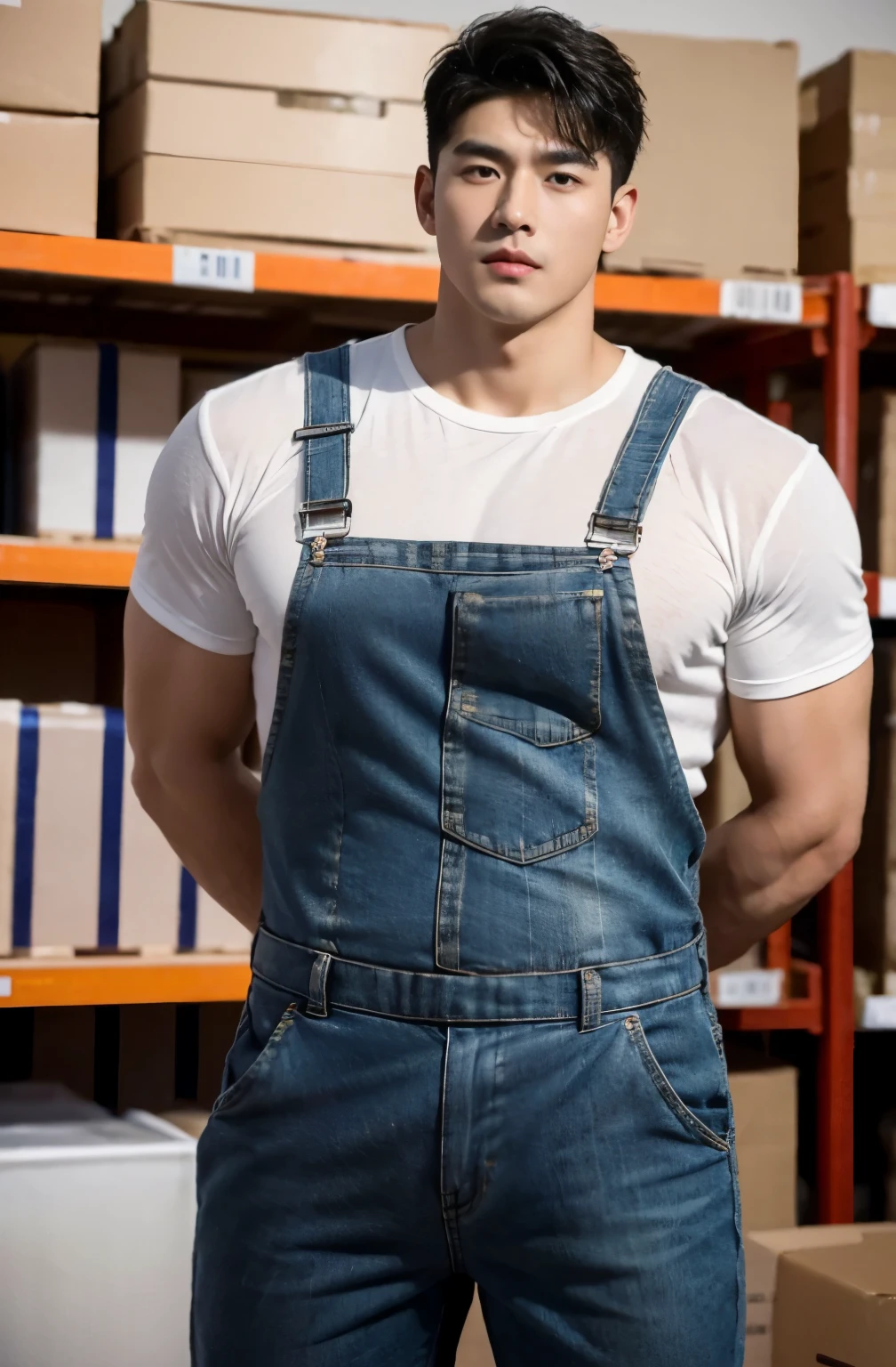 1 handsome Asian guy,27岁policeman,Handsome security guard,majestic,Who is Shi Yu?, Li Yuanbin, Kim Hyung Tae, Kim Hyung Tae, Yin Shishan, Handsome Asian muscular guy,Broad shoulders and narrow waist,One was wearing a police uniform:Handsome guy from the police,Wearing security overalls,Form-fitting fabric contours the bust,in a remote warehouse,hands tied behind back,Hands tied behind the back,hands tied behind back,Masculine and sexy,High,Muscles look good,hairy body,Wheat complexion,black eyes(thin eyes 1:3),whole body image