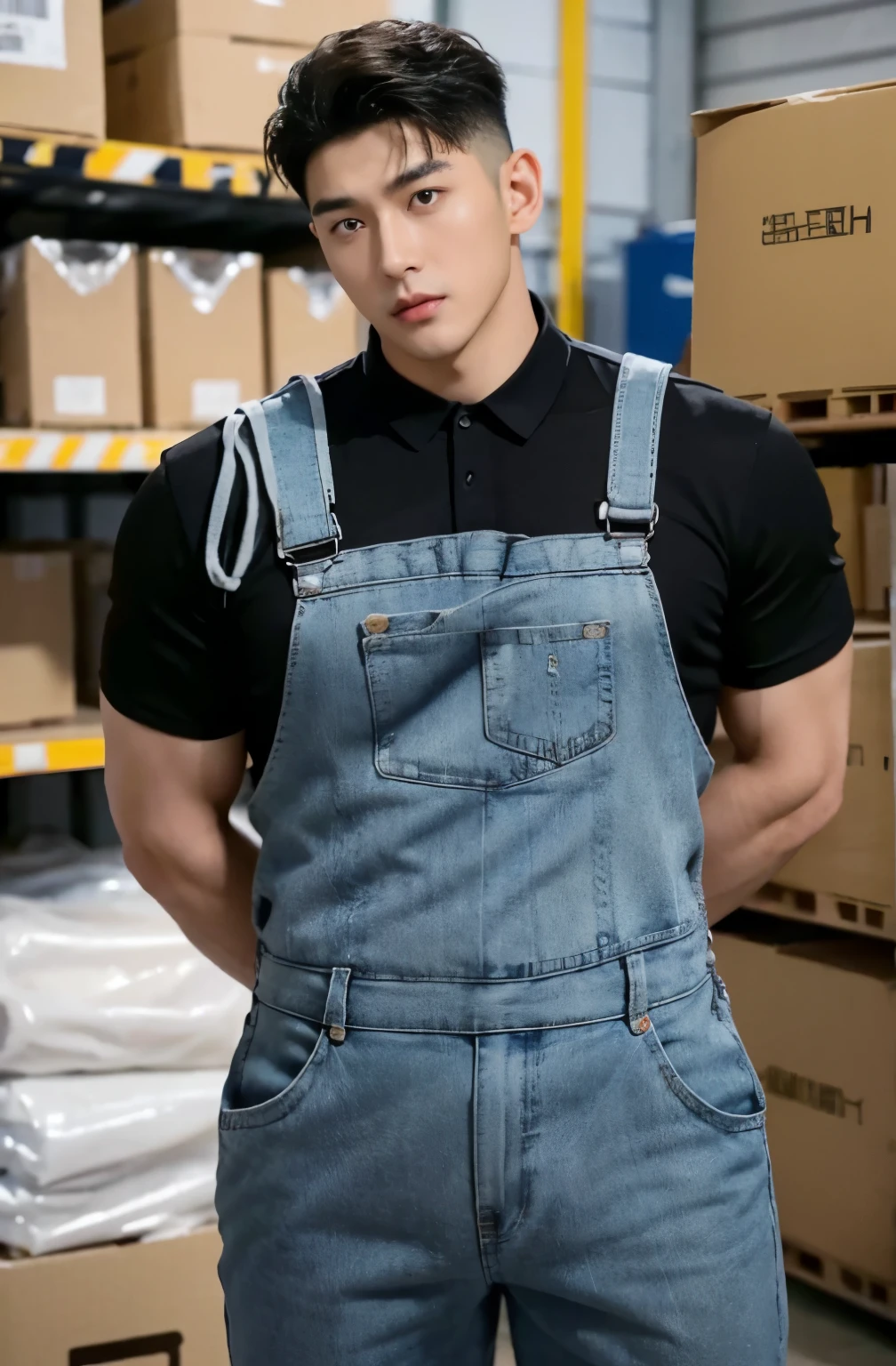 1 handsome Asian guy,27岁policeman,Handsome security guard,majestic,Who is Shi Yu?, Li Yuanbin, Kim Hyung Tae, Kim Hyung Tae, Yin Shishan, Handsome Asian muscular guy,Broad shoulders and narrow waist,One was wearing a police uniform:Handsome guy from the police,Wearing security overalls,Form-fitting fabric contours the bust,in a remote warehouse,hands tied behind back,Hands tied behind the back,hands tied behind back,Masculine and sexy,High,Muscles look good,hairy body,Wheat complexion,black eyes(thin eyes 1:3),whole body image