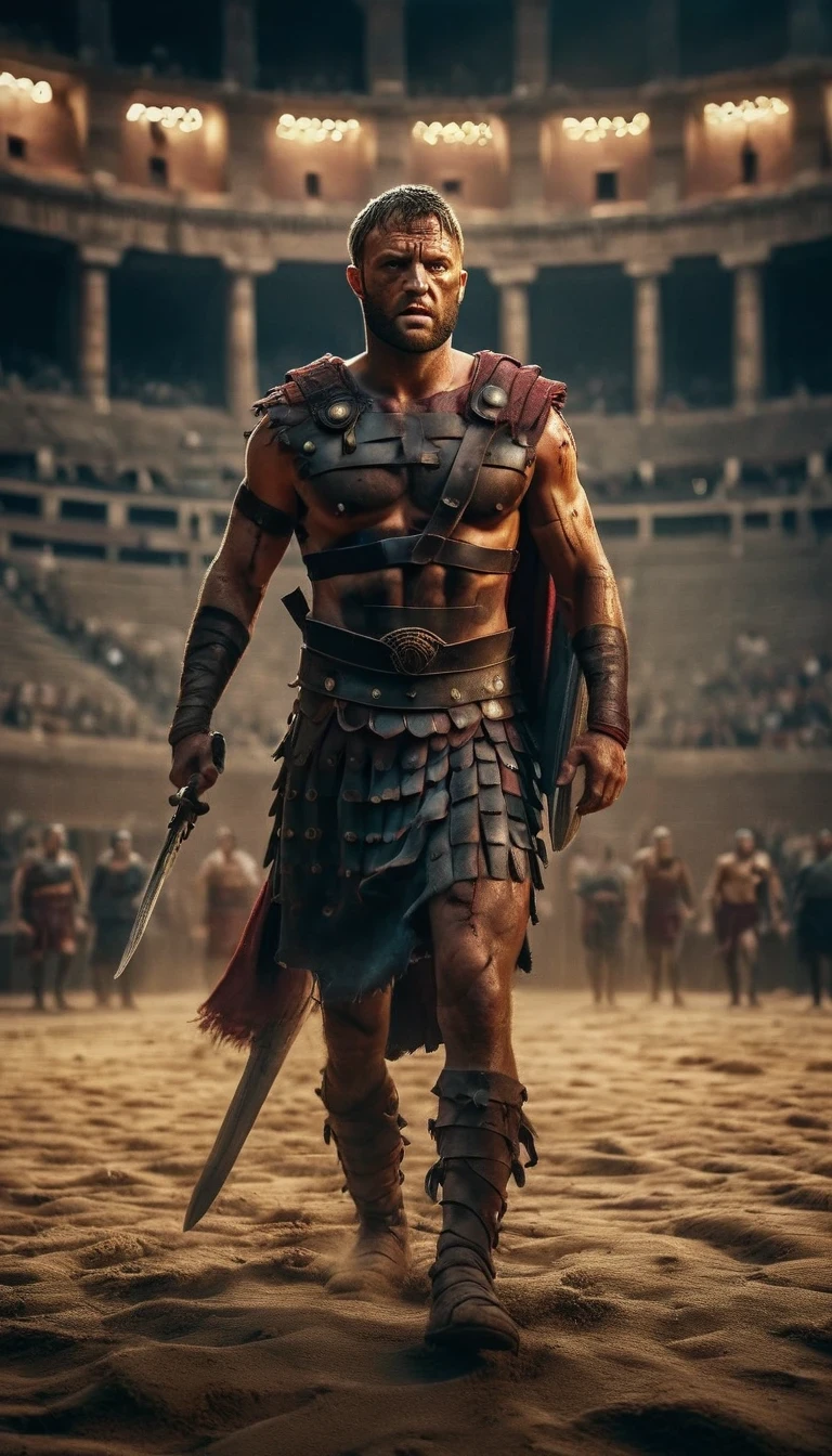 A dimly lit Roman Colosseum, sand underfoot, and a fierce gladiator (Spartacus) standing ready to fight.Crowd's thunderous bloodlust, his eyes blazed with defiance and dramatic lighting, epic widescreen photography style 8k, Full View (best quality,4k,8k,highres,masterpiece:1.2),ultra-detailed,(realistic,photorealistic,photo-realistic:1.37),HDR,UHD, studio lighting
