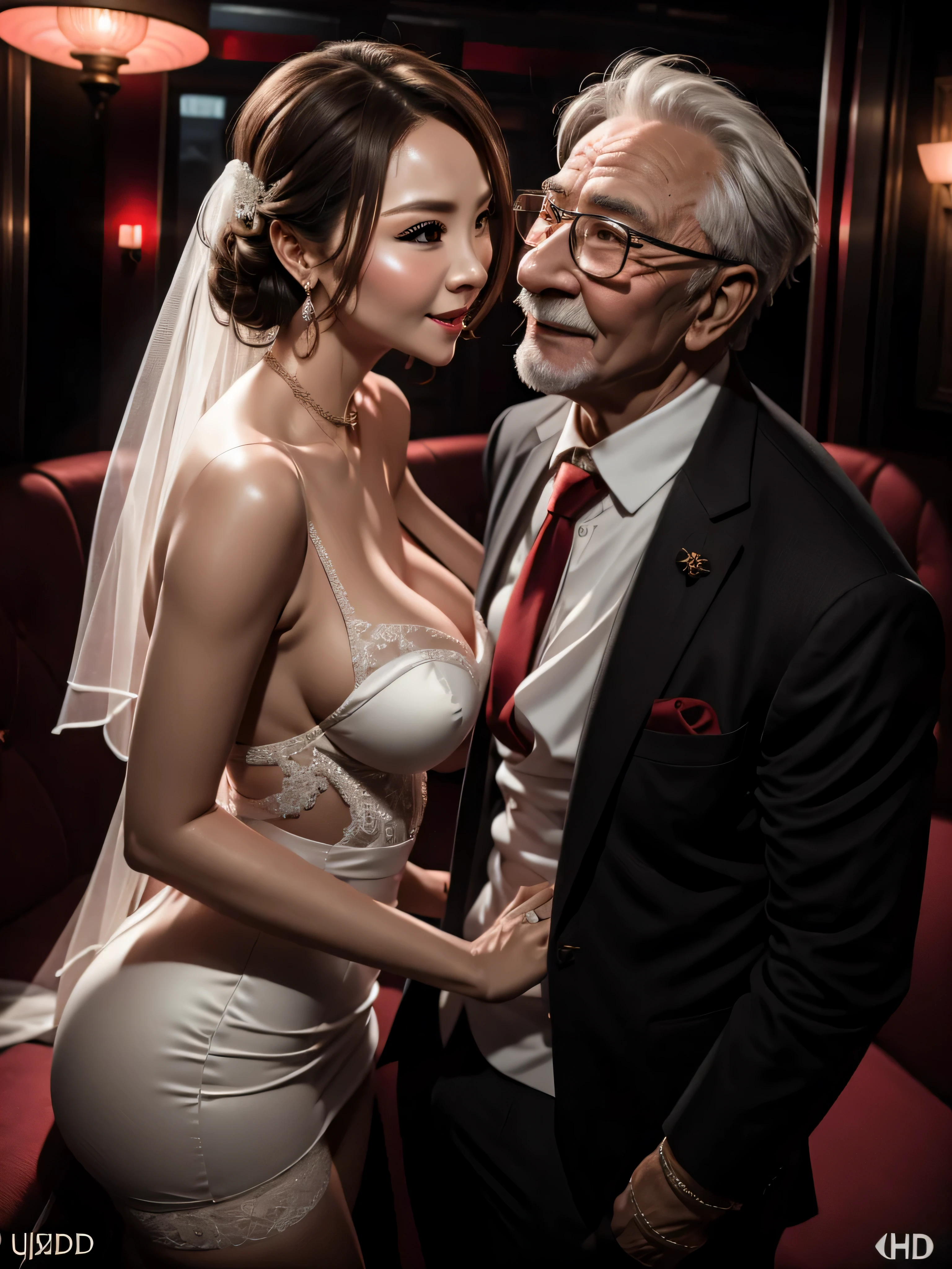 A bride wearing a sexy wedding dress and a robust old man are making out in a nightclub, UHD, masterpiece, textured skin, super detail, best quality, 8k.