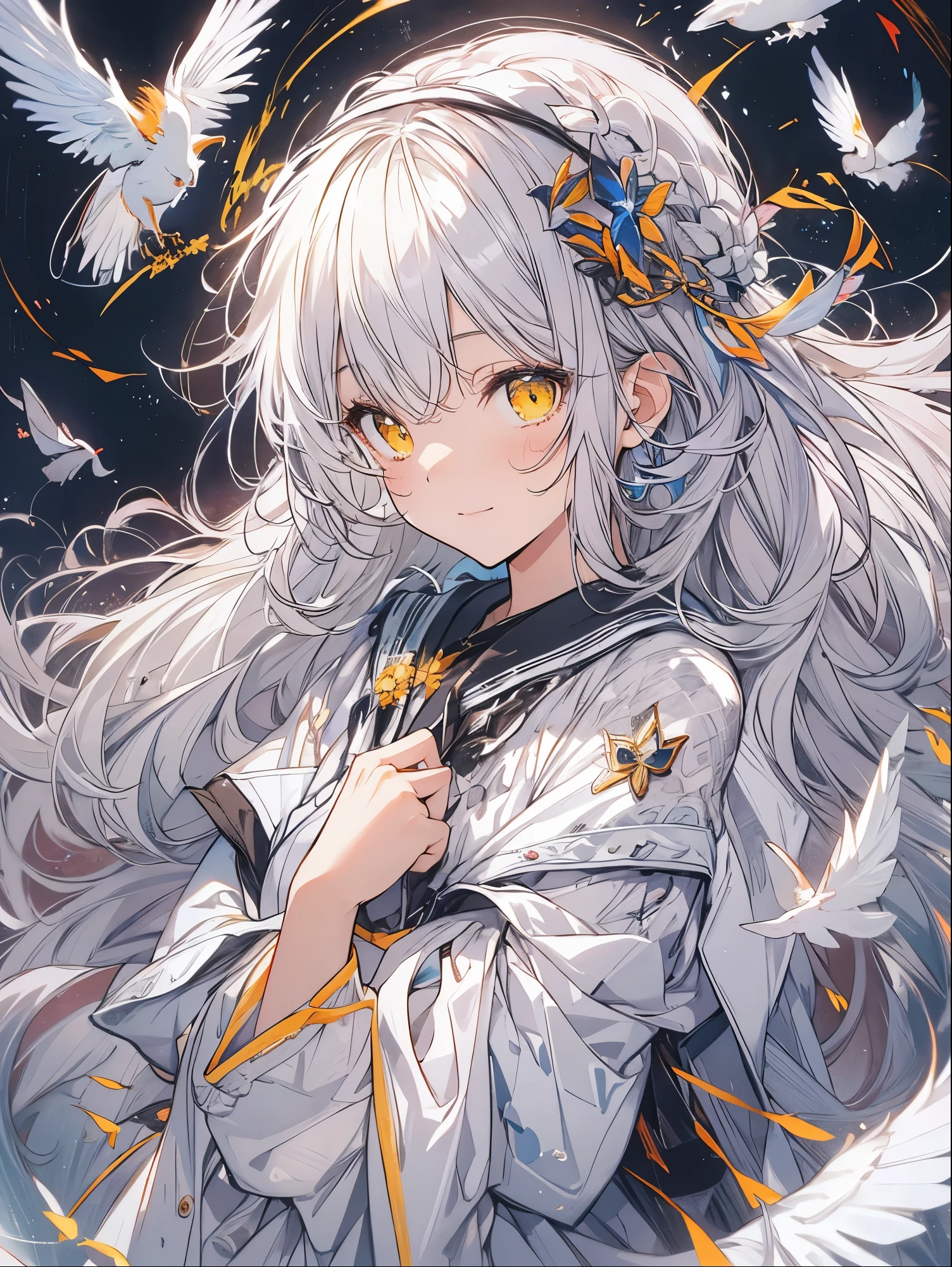 8K resolution, ((highest quality)), ((masterpiece)), ((super detailed)), (very delicate and beautiful), with a girl, solo, gentle expression, she is very(relax)with(Calm)Appearance,gray haired, Depth of the bounds written, bright smile, bright yellow eyes, bright white hair, beautiful background, Long Hair - Linear Art, black skirt, White uniform like a sailor suit, Angel, Angelの白い翼, White feathers fluttering, Eyes that shine like amber, upper eye, wonderful eyes