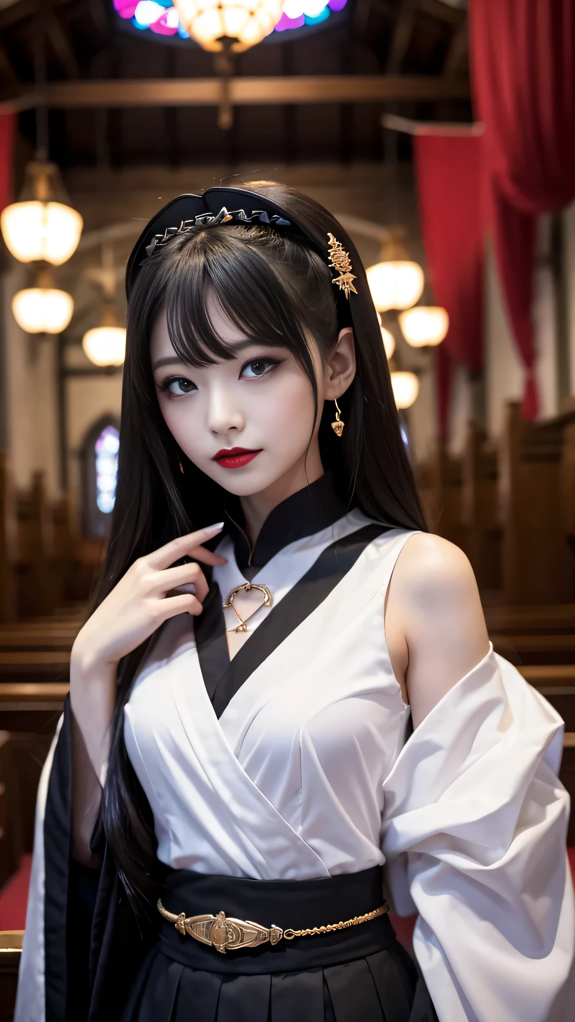 Super detailed、Japanese、charming beauty、seductive adult woman、Beautiful woman、sharp eyes、cool girl、wavy hair、shrine maiden costume、black skirt、wide sleeve、evilの幹部、evil depravity、brainwashing、Mind control、lipstick、grin、evilな表情、evil、empty eyes、evil、church at night、vampire、vampire、Hypnosis、brainwashinging、Contrasting、makeup brush